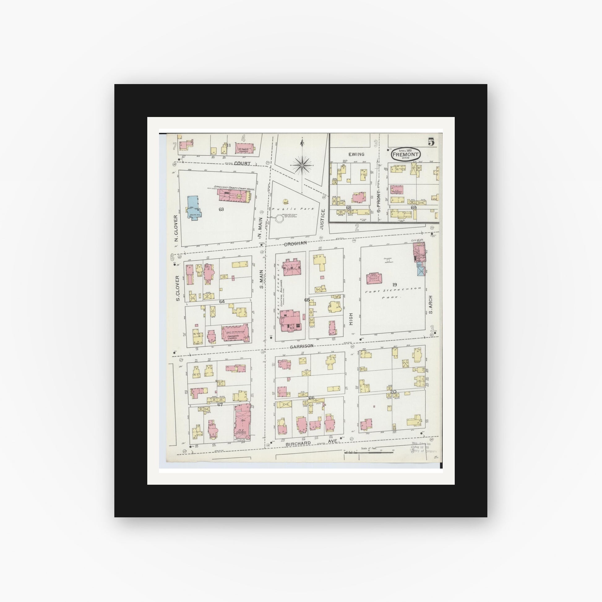 Old map wall art mockup — black gallery frame with white mat — Sanborn Fire Insurance Map from Fremont, Sandusky County, Ohio (1893), Sheet #0005