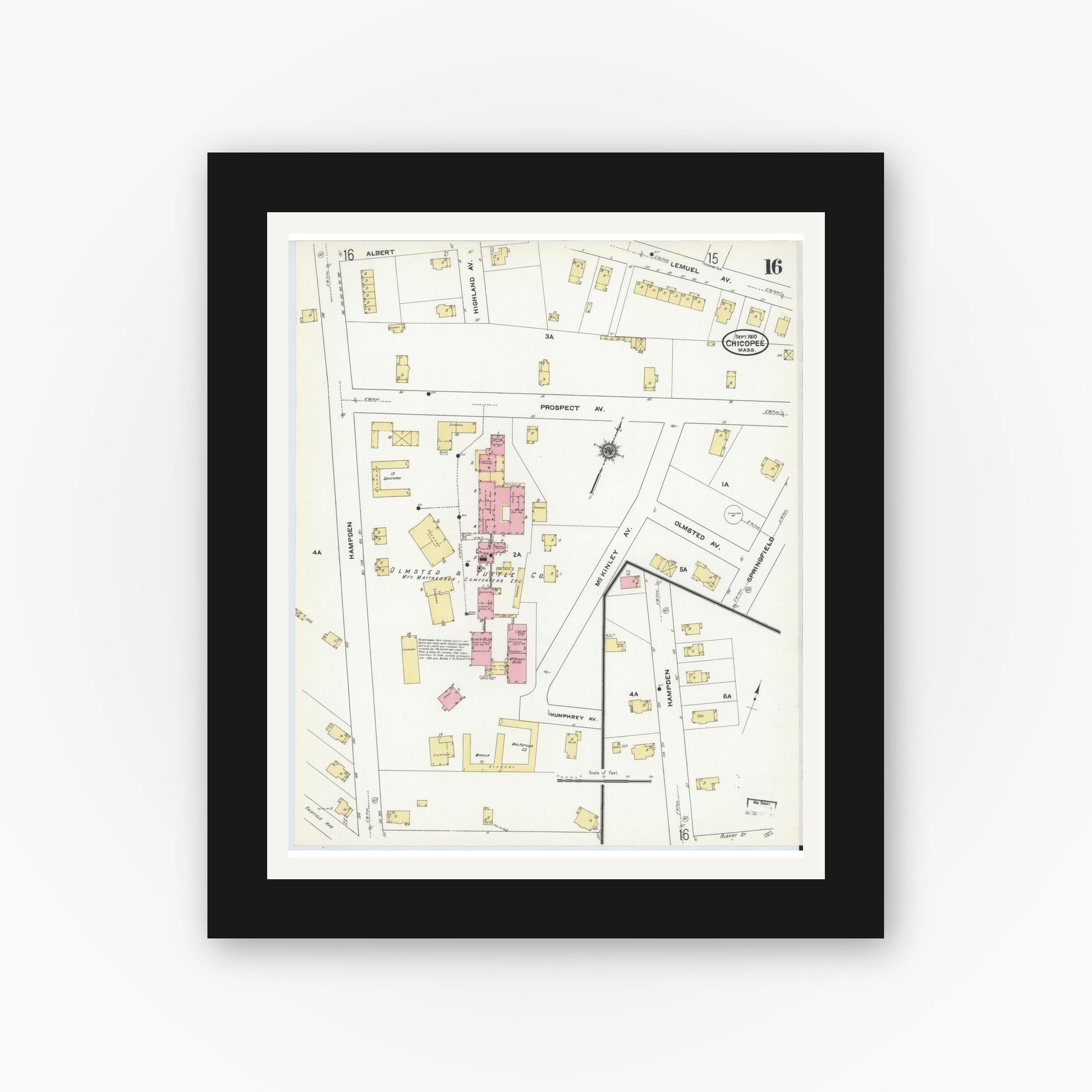 Old map wall art mockup — black gallery frame with white mat — Sanborn Fire Insurance Map from Chicopee, Hampden County, Massachusetts (1910), Sheet #0016