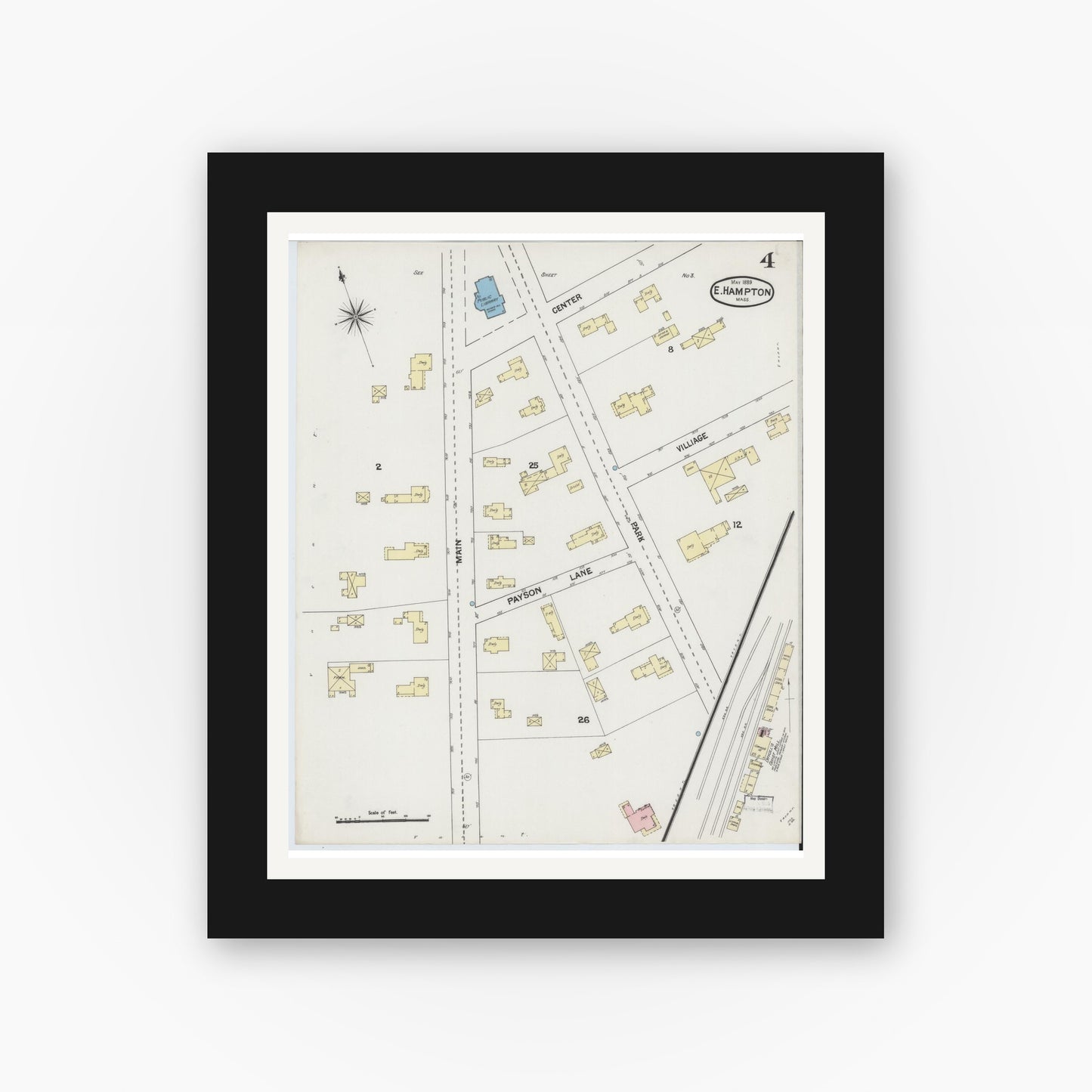 Old map wall art mockup — black gallery frame with white mat — Sanborn Fire Insurance Map from East Hampton, Hampshire County, Massachusetts (1889), Sheet #0004