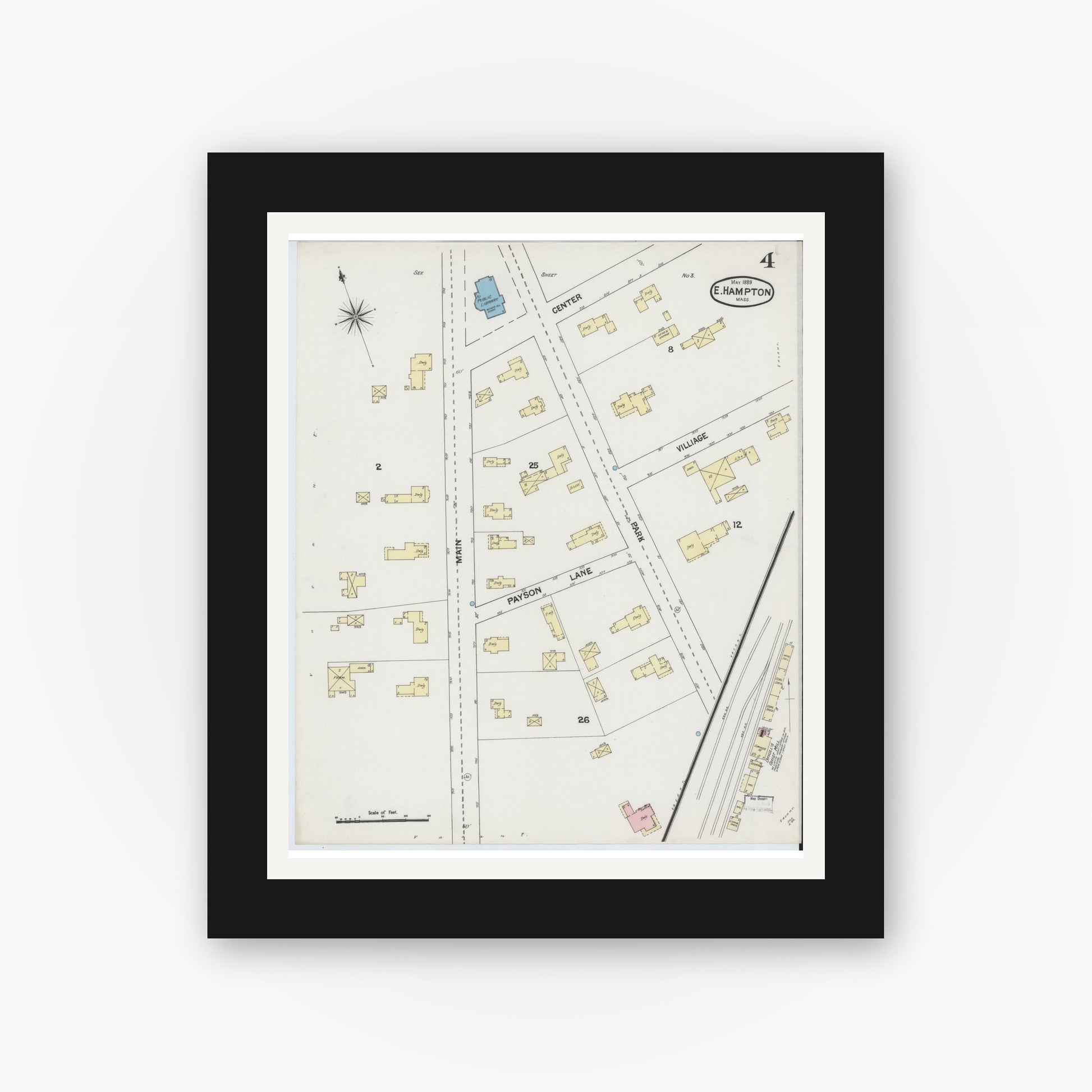 Old map wall art mockup — black gallery frame with white mat — Sanborn Fire Insurance Map from East Hampton, Hampshire County, Massachusetts (1889), Sheet #0004