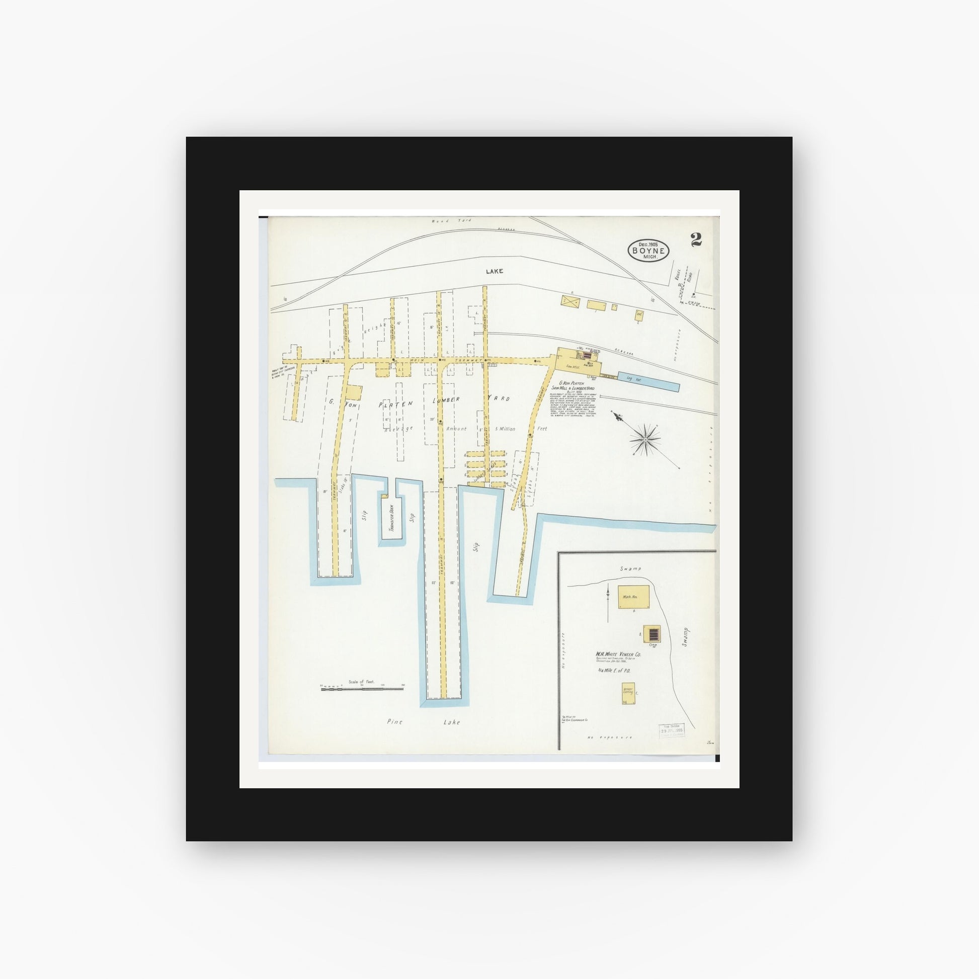 Old map wall art mockup — black gallery frame with white mat — Sanborn Fire Insurance Map from Boyne City, Charlevoix County, Michigan (1905), Sheet #0002