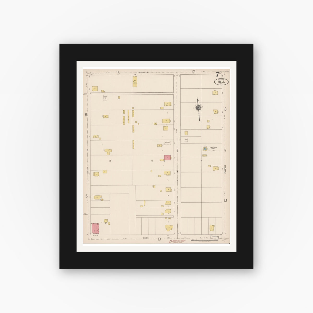 Old map wall art mockup — black gallery frame with white mat — Sanborn Fire Insurance Map from Bell, Los Angeles County, California (1922), Sheet #0007