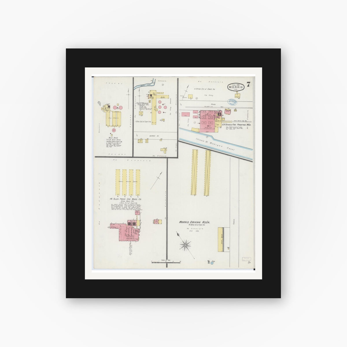 Old map wall art mockup — black gallery frame with white mat — Sanborn Fire Insurance Map from Morris, Grundy County, Illinois (1894), Sheet #0007
