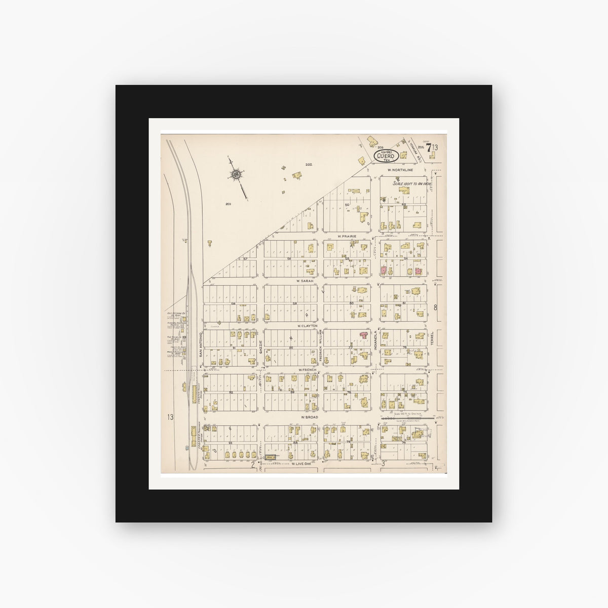 Old map wall art mockup — black gallery frame with white mat — Sanborn Fire Insurance Map from Cuero, De Witt County, Texas (1922), Sheet #0007
