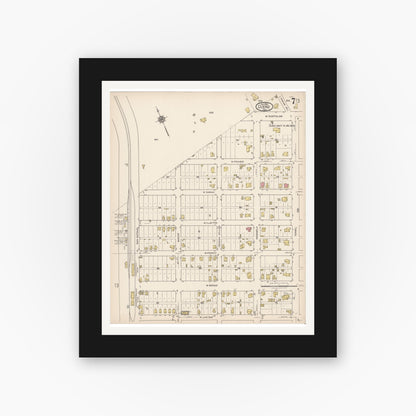 Old map wall art mockup — black gallery frame with white mat — Sanborn Fire Insurance Map from Cuero, De Witt County, Texas (1922), Sheet #0007