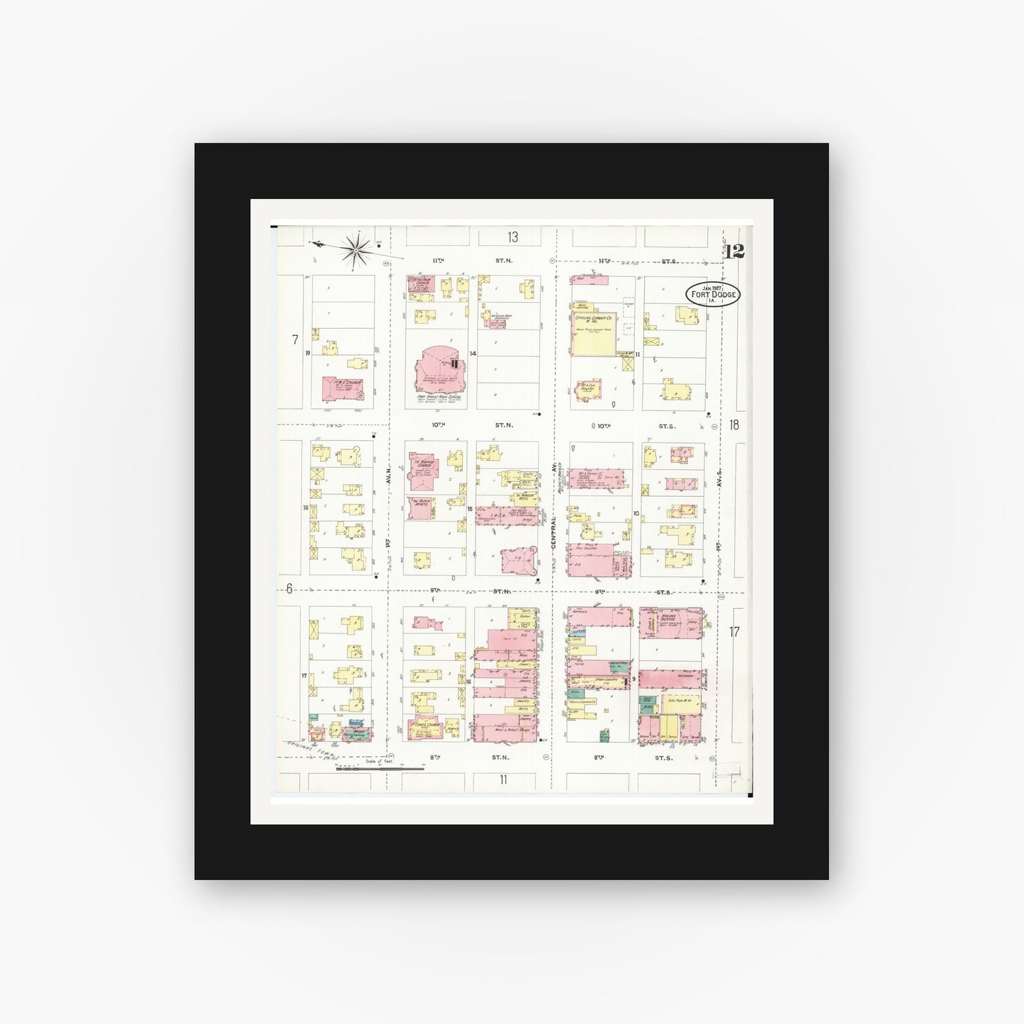Old map wall art mockup — black gallery frame with white mat — Sanborn Fire Insurance Map from Fort Dodge, Webster County, Iowa (1907), Sheet #0012
