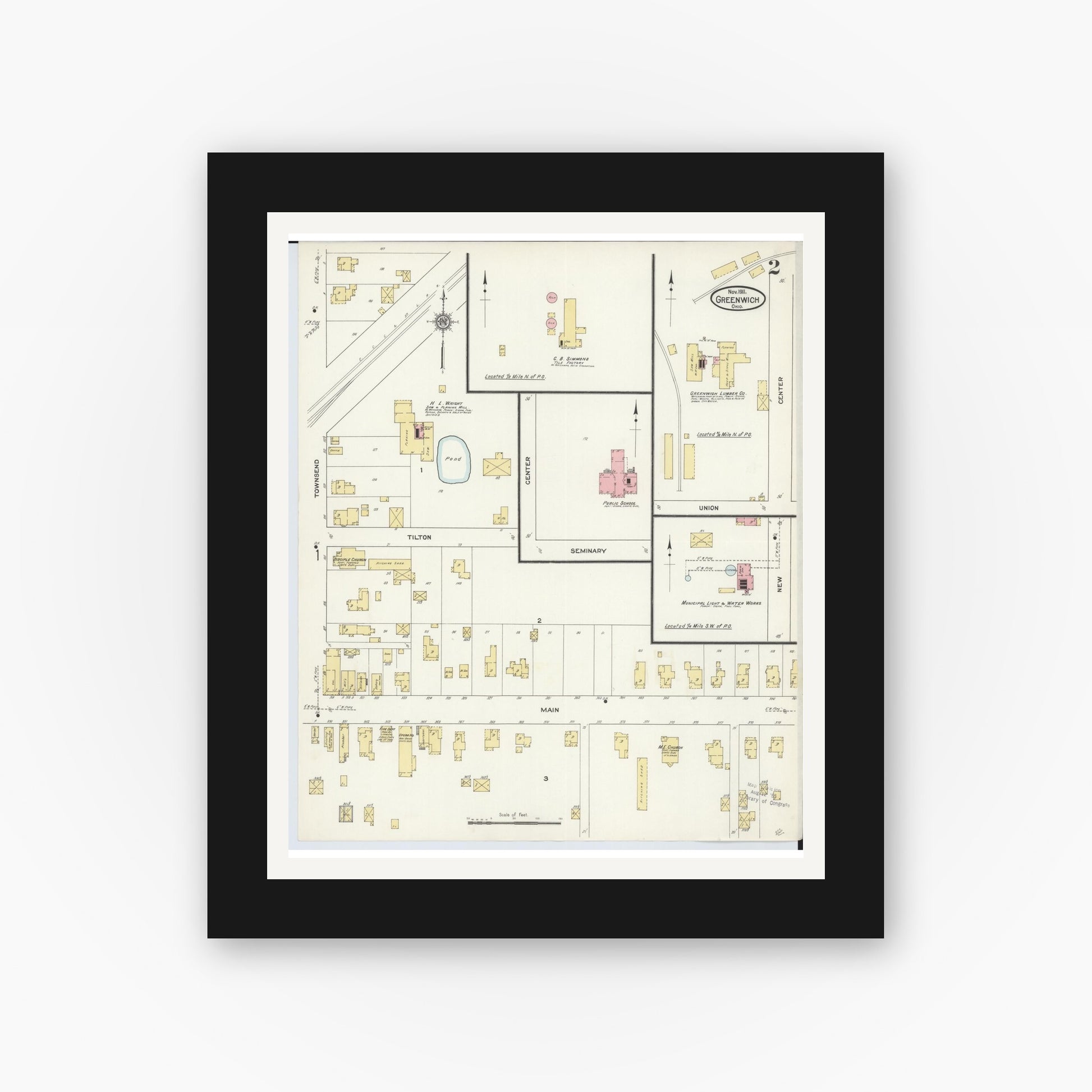 Old map wall art mockup — black gallery frame with white mat — Sanborn Fire Insurance Map from Greenwich, Huron County, Ohio (1911), Sheet #0002