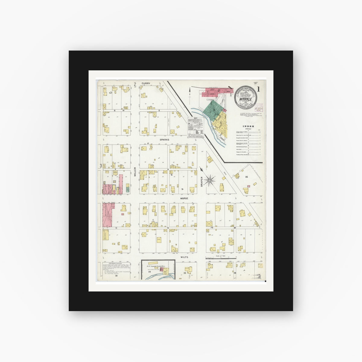 Old map wall art mockup — black gallery frame with white mat — Sanborn Fire Insurance Map from Markle, Huntington County, Indiana (1907), Sheet #0001
