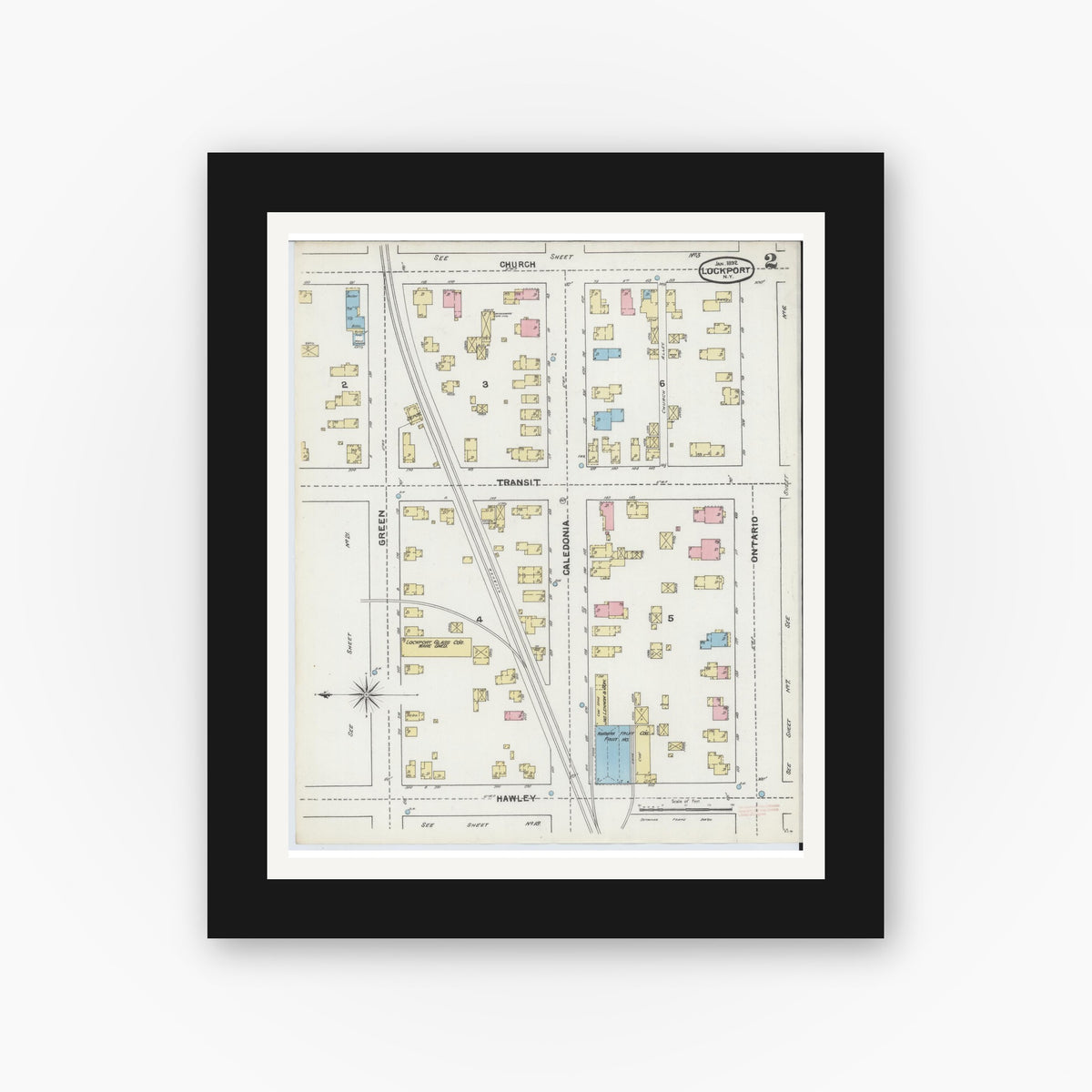 Old map wall art mockup — black gallery frame with white mat — Sanborn Fire Insurance Map from Lockport, Niagara County, New York (1892), Sheet #0002
