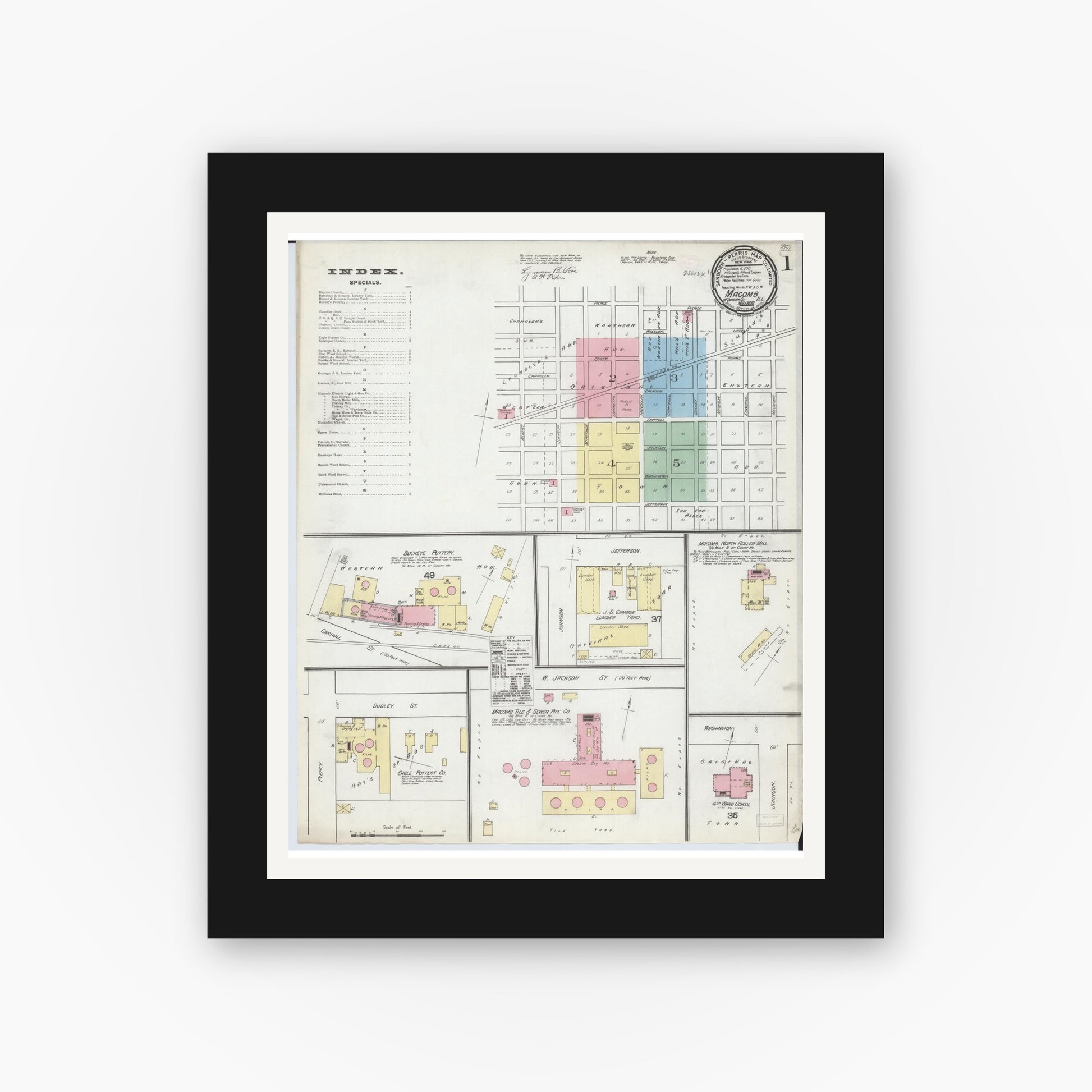 Old map wall art mockup — black gallery frame with white mat — Sanborn Fire Insurance Map from Macomb, Mcdonough County, Illinois (1892), Sheet #0001