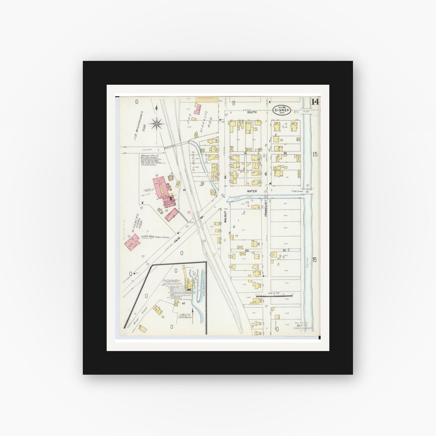Old map wall art mockup — black gallery frame with white mat — Sanborn Fire Insurance Map from Sidney, Shelby County, Ohio (1898), Sheet #0014
