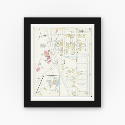 Old map wall art mockup — black gallery frame with white mat — Sanborn Fire Insurance Map from Sidney, Shelby County, Ohio (1898), Sheet #0014