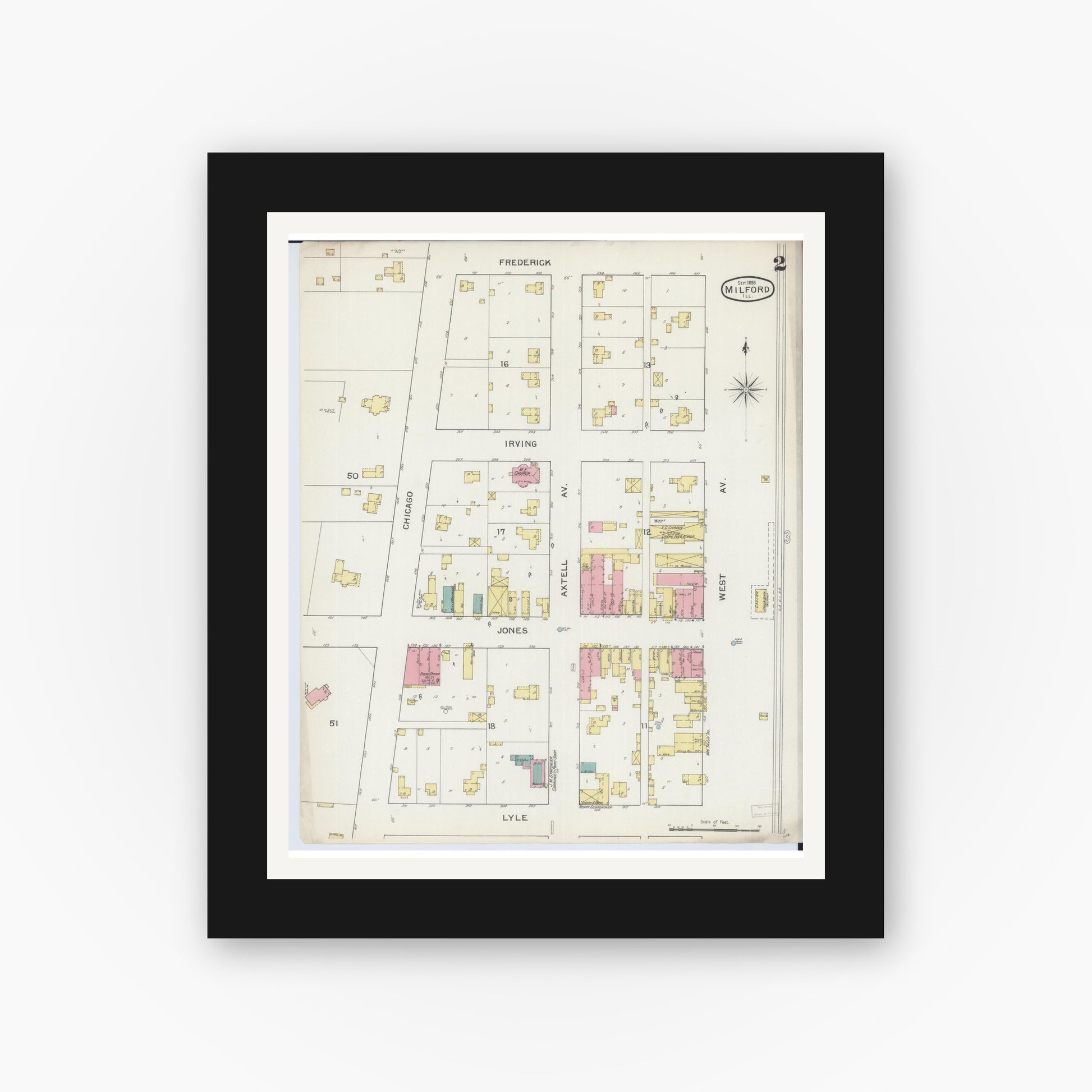 Old map wall art mockup — black gallery frame with white mat — Sanborn Fire Insurance Map from Milford, Iroquois County, Illinois (1893), Sheet #0002