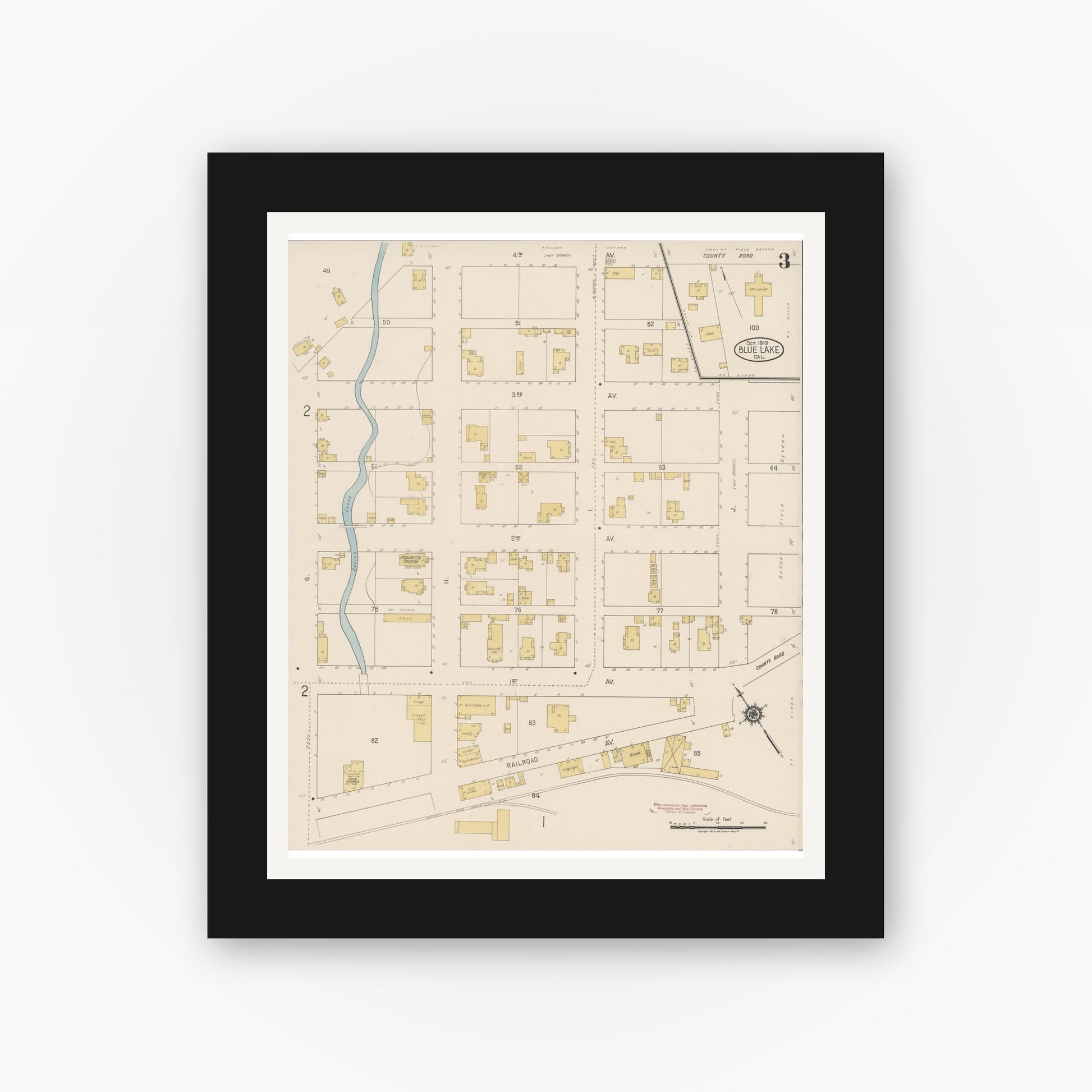 Old map wall art mockup — black gallery frame with white mat — Sanborn Fire Insurance Map from Blue Lake, Humboldt County, California (1919), Sheet #0003