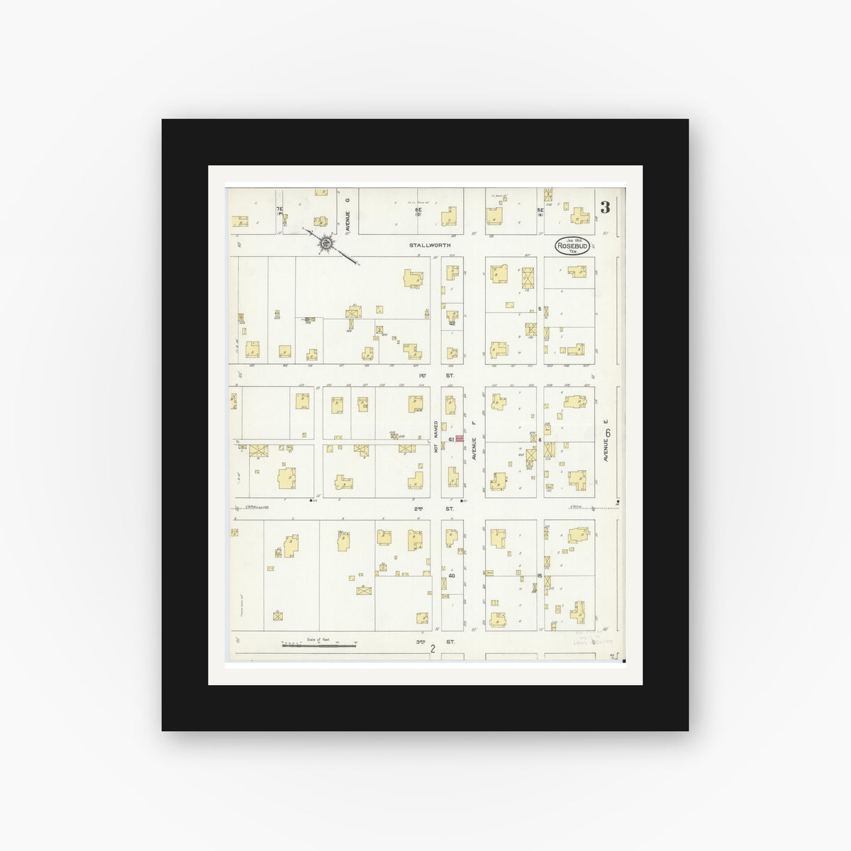 Old map wall art mockup — black gallery frame with white mat — Sanborn Fire Insurance Map from Rosebud, Falls County, Texas (1914), Sheet #0003