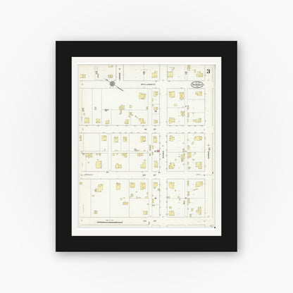 Old map wall art mockup — black gallery frame with white mat — Sanborn Fire Insurance Map from Rosebud, Falls County, Texas (1914), Sheet #0003