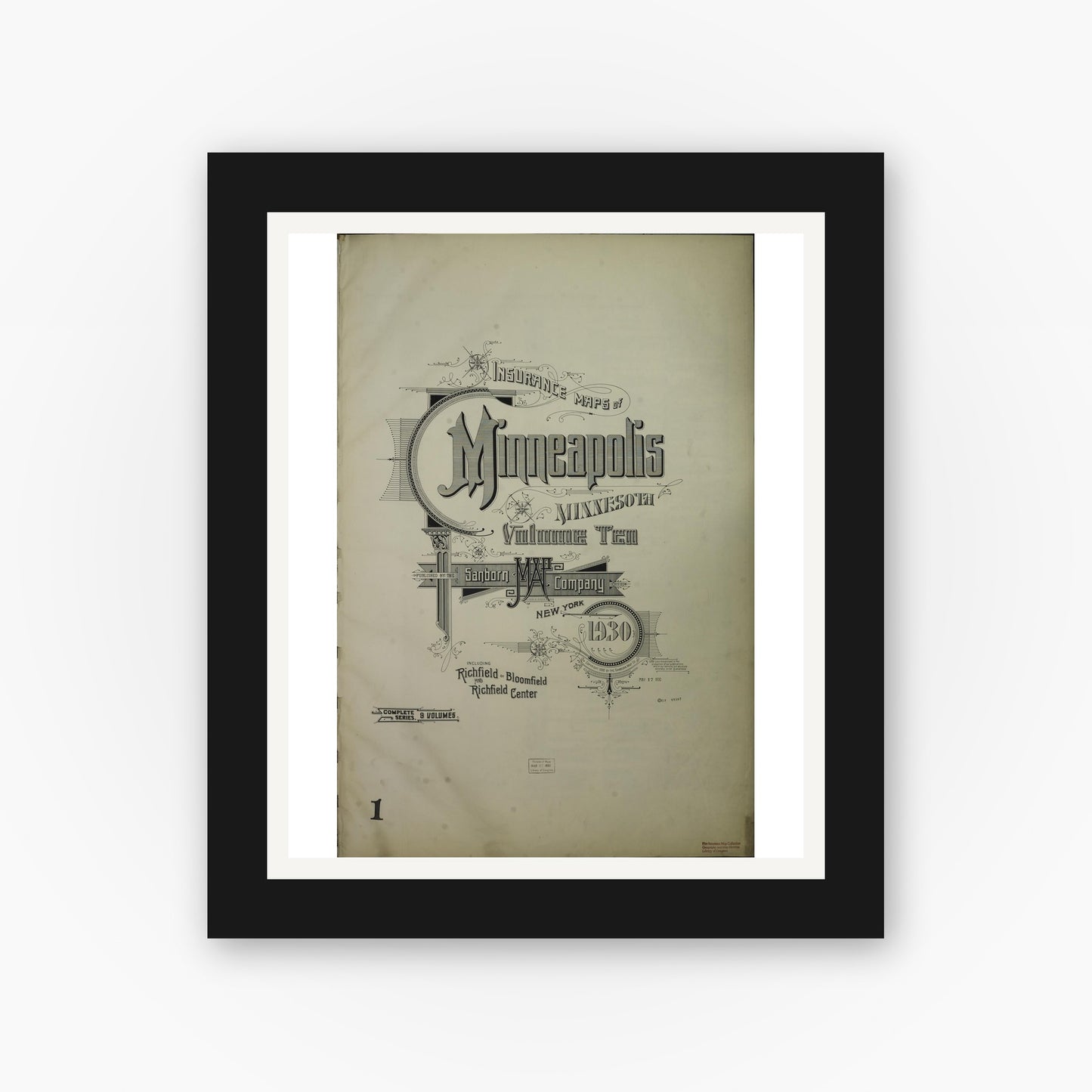 Old map wall art mockup — black gallery frame with white mat — Sanborn Fire Insurance Map from Minneapolis, Hennepin County, Minnesota (1930), Sheet #0001