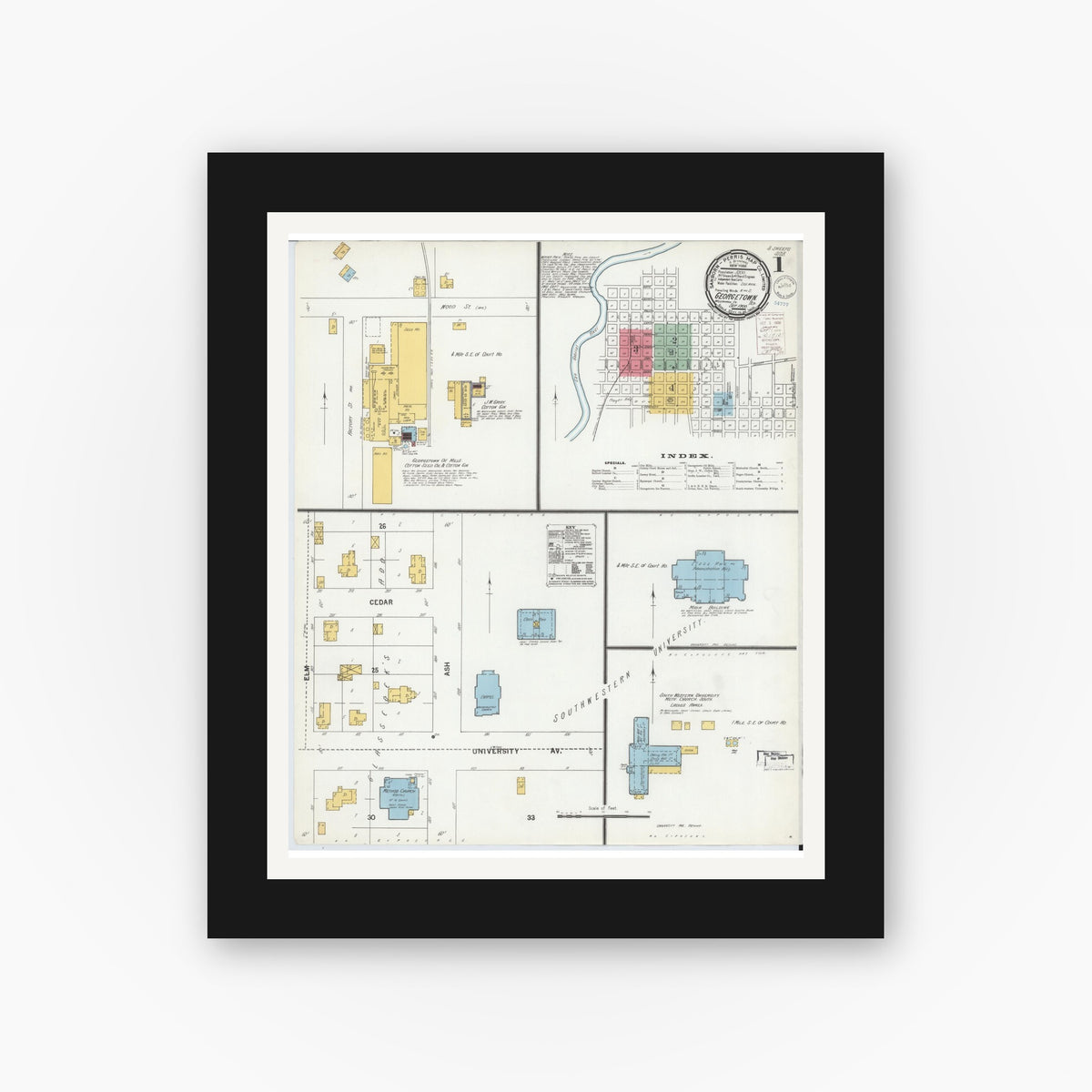 Old map wall art mockup — black gallery frame with white mat — Sanborn Fire Insurance Map from Georgetown, Williamson County, Texas (1900), Sheet #0001