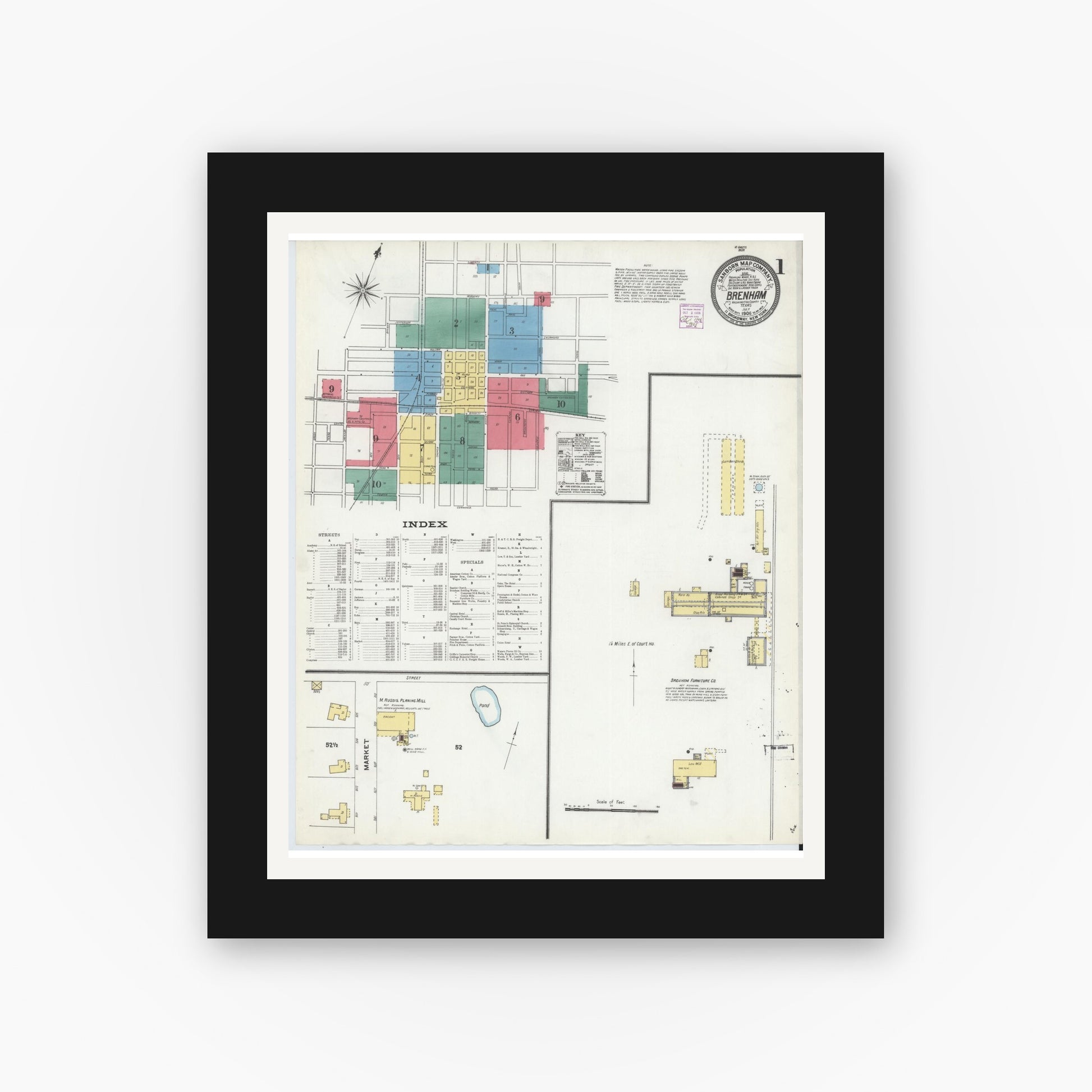Old map wall art mockup — black gallery frame with white mat — Sanborn Fire Insurance Map from Brenham, Washington County, Texas (1906), Sheet #0001