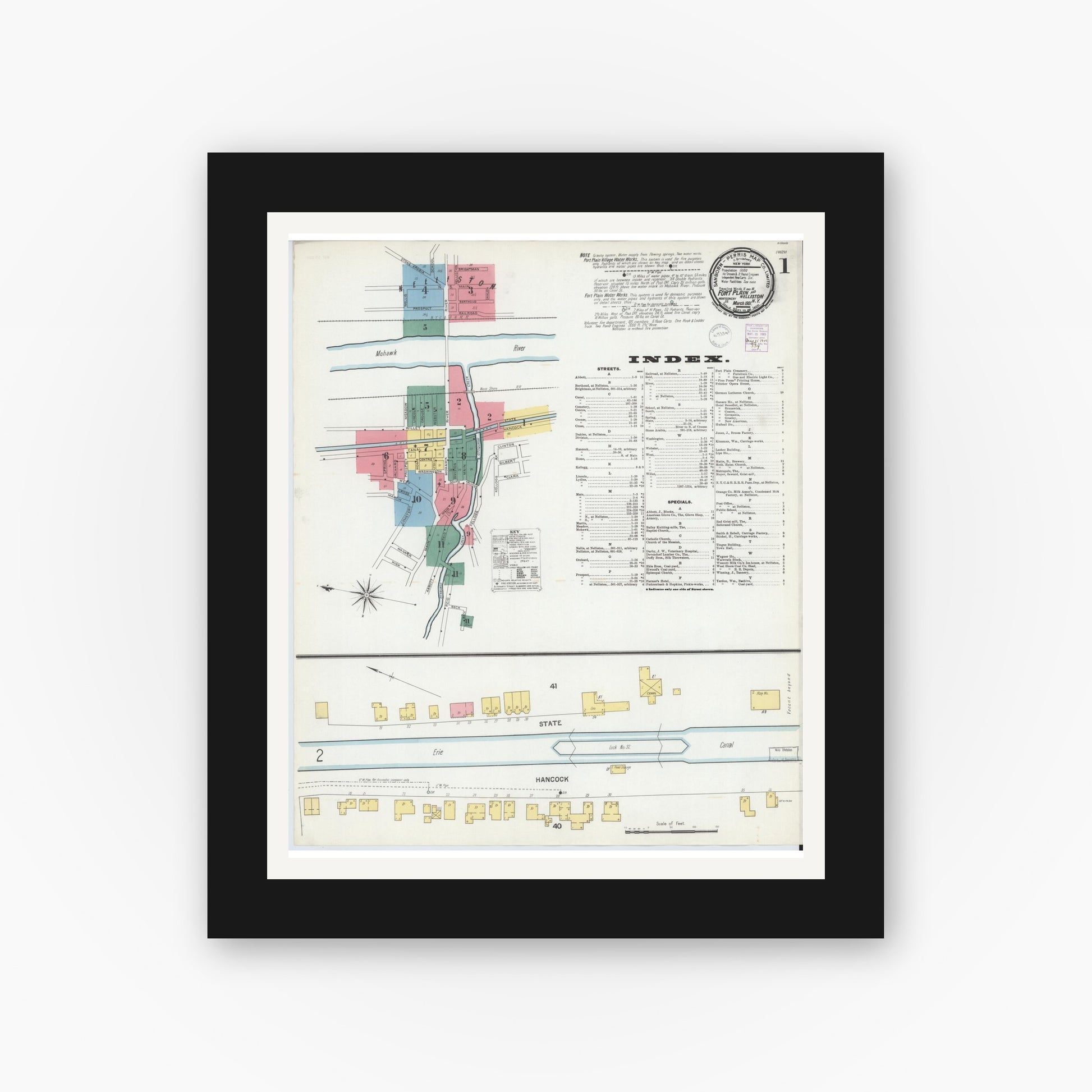Old map wall art mockup — black gallery frame with white mat — Sanborn Fire Insurance Map from Fort Plain, Montgomery County, New York (1901) - Complete Map Set