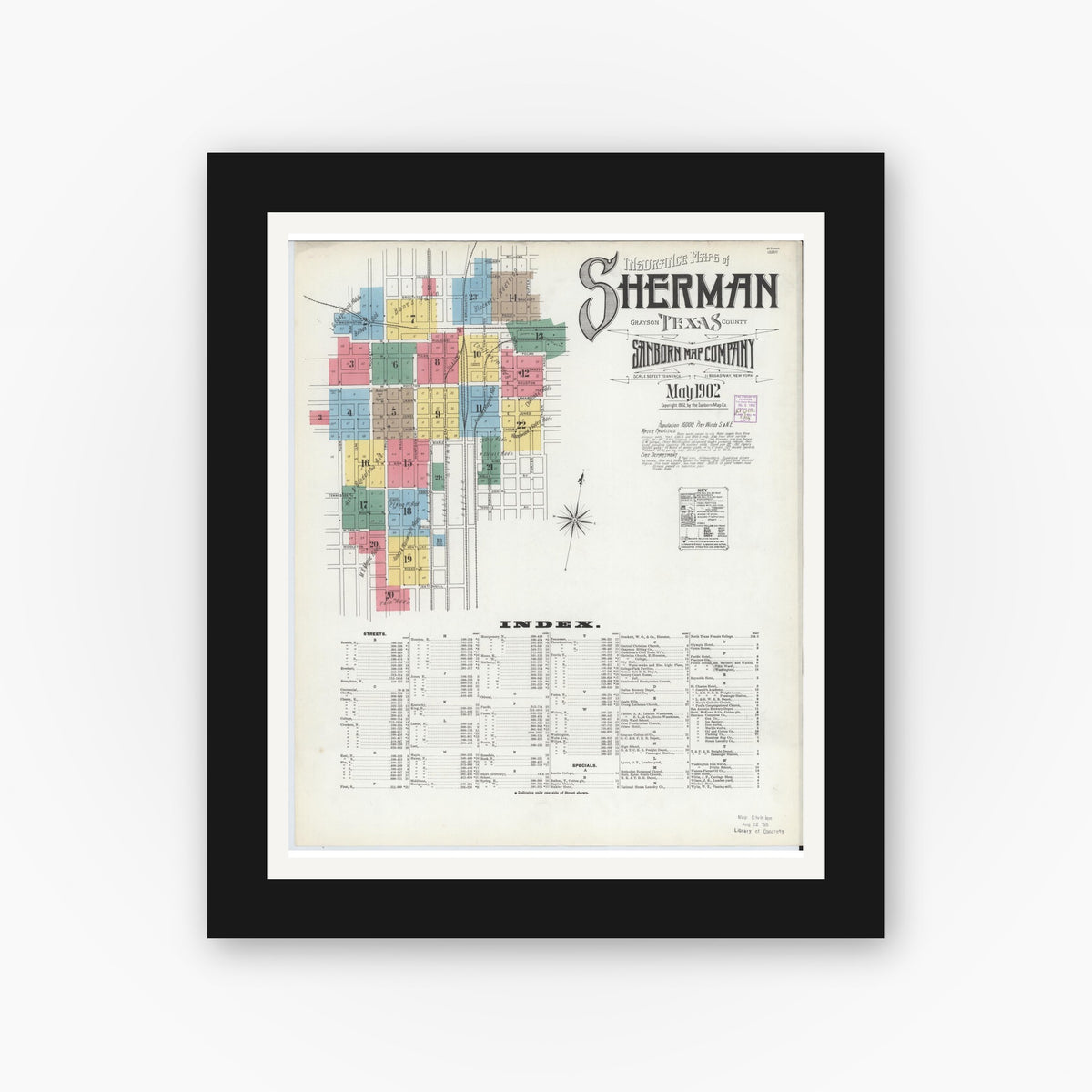Old map wall art mockup — black gallery frame with white mat — Sanborn Fire Insurance Map from Sherman, Grayson County, Texas (1902) - Complete Map Set