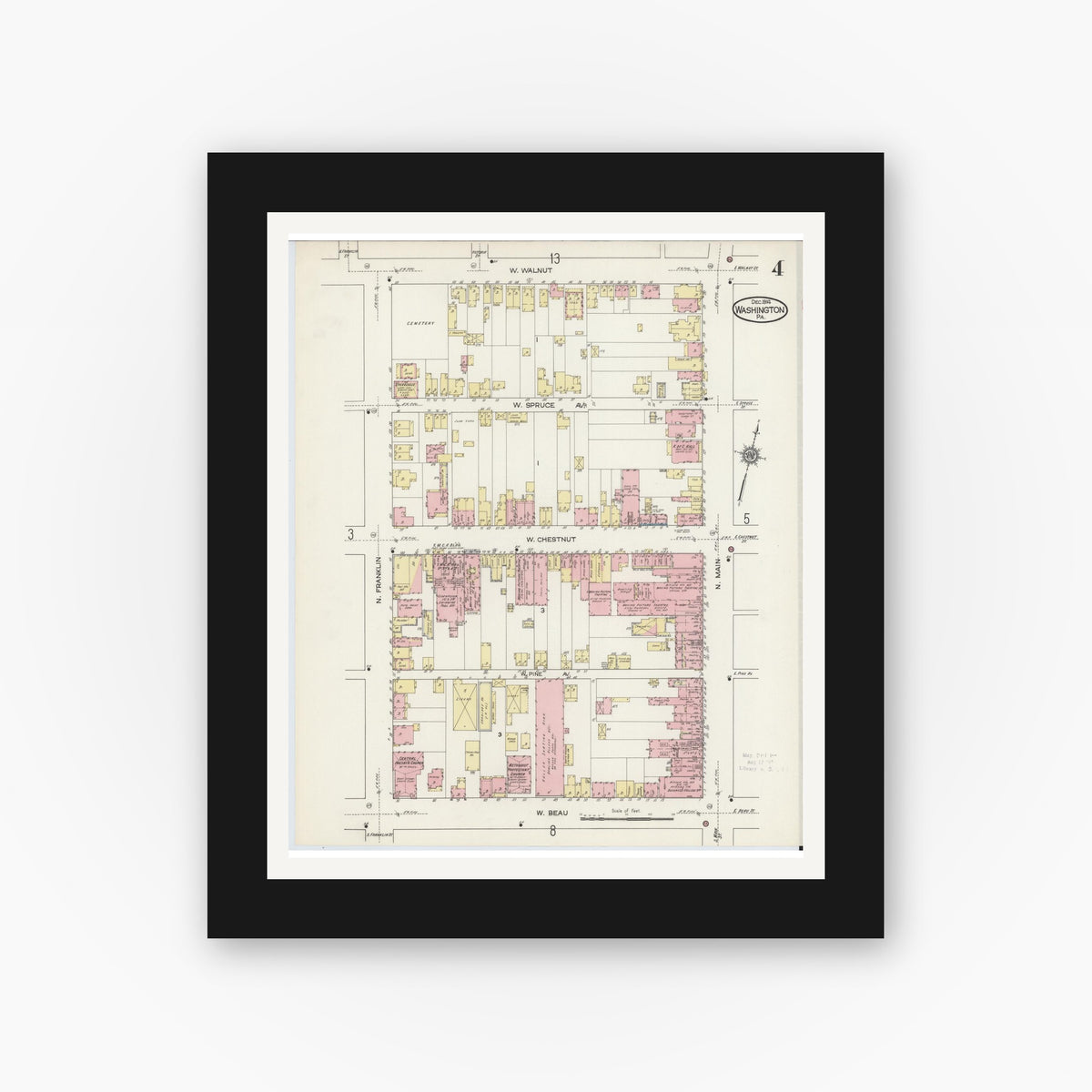 Old map wall art mockup — black gallery frame with white mat — Sanborn Fire Insurance Map from Washington, Washington County, Pennsylvania (1914), Sheet #0004