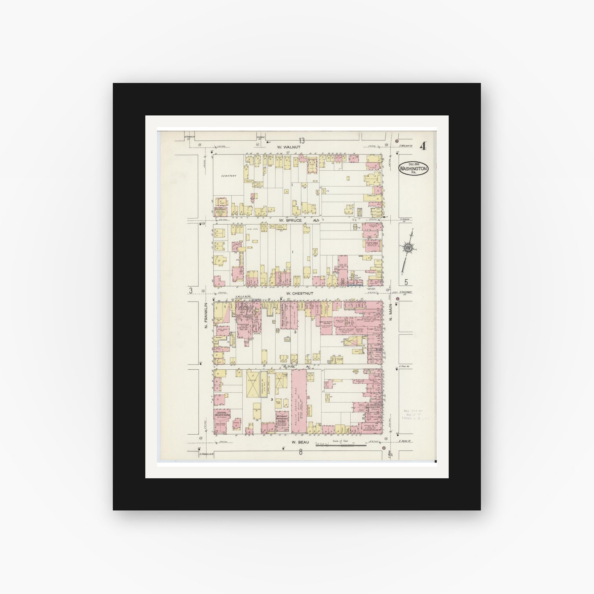 Old map wall art mockup — black gallery frame with white mat — Sanborn Fire Insurance Map from Washington, Washington County, Pennsylvania (1914), Sheet #0004