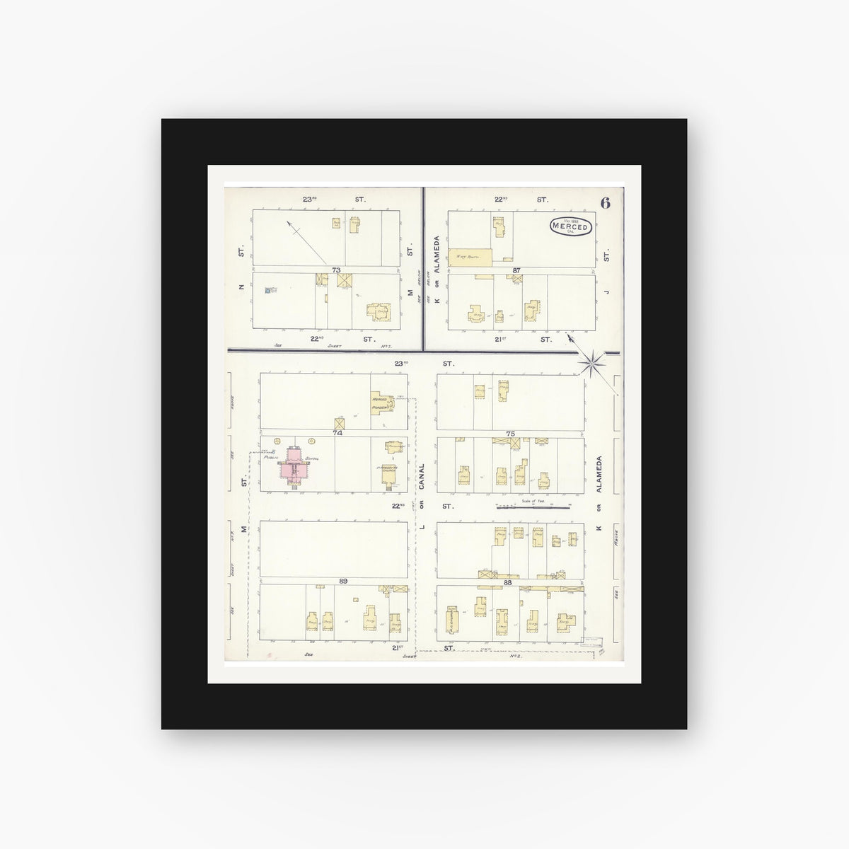 Old map wall art mockup — black gallery frame with white mat — Sanborn Fire Insurance Map from Merced, Merced County, California (1888), Sheet #0006
