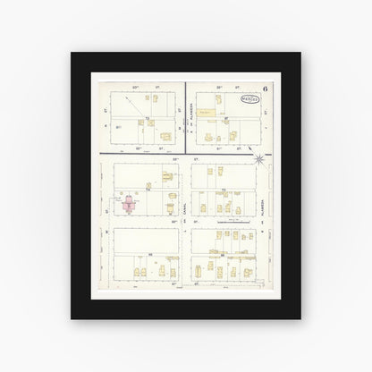 Old map wall art mockup — black gallery frame with white mat — Sanborn Fire Insurance Map from Merced, Merced County, California (1888), Sheet #0006