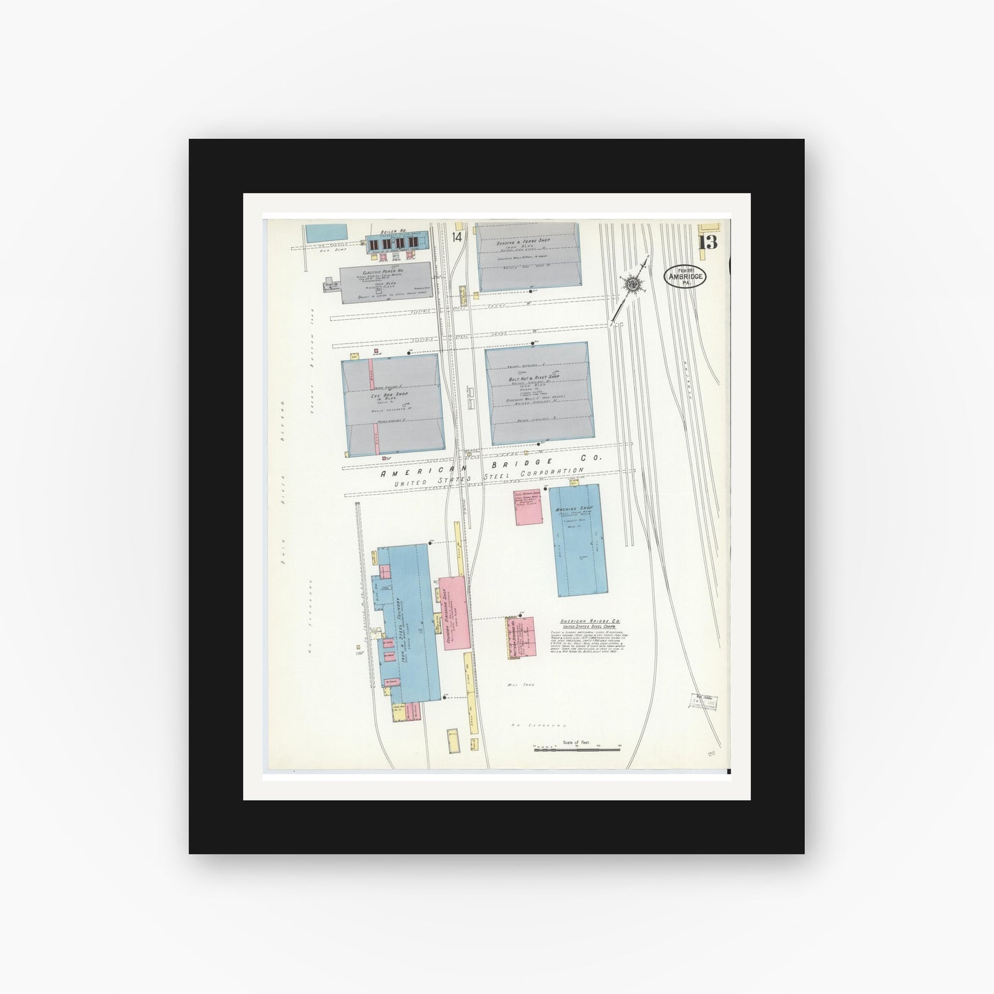 Old map wall art mockup — black gallery frame with white mat — Sanborn Fire Insurance Map from Ambridge, Beaver County, Pennsylvania (1911), Sheet #0013