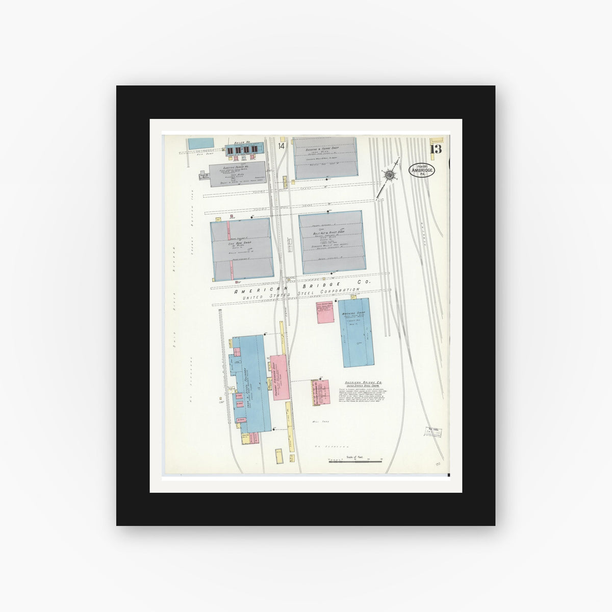 Old map wall art mockup — black gallery frame with white mat — Sanborn Fire Insurance Map from Ambridge, Beaver County, Pennsylvania (1911), Sheet #0013