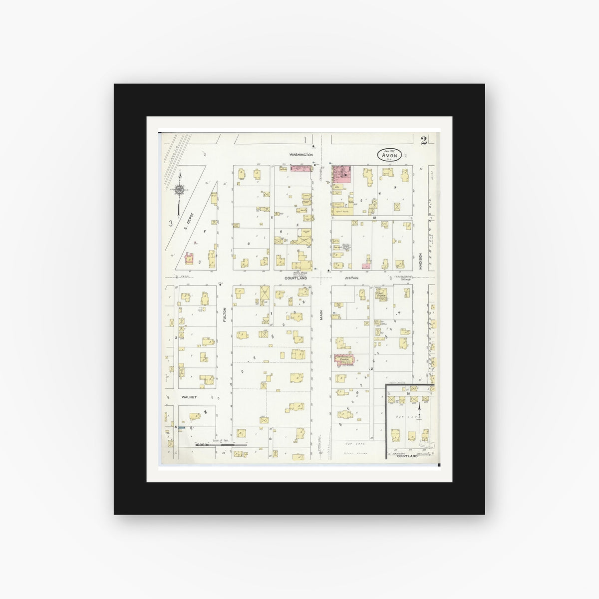 Old map wall art mockup — black gallery frame with white mat — Sanborn Fire Insurance Map from Avon, Fulton County, Illinois (1912), Sheet #0002