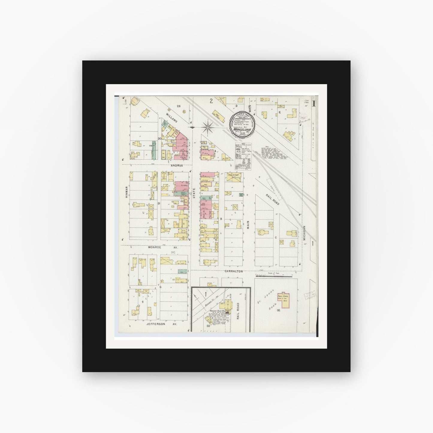 Old map wall art mockup — black gallery frame with white mat — Sanborn Fire Insurance Map from Mancelona, Antrim County, Michigan (1896) - Complete Map Set