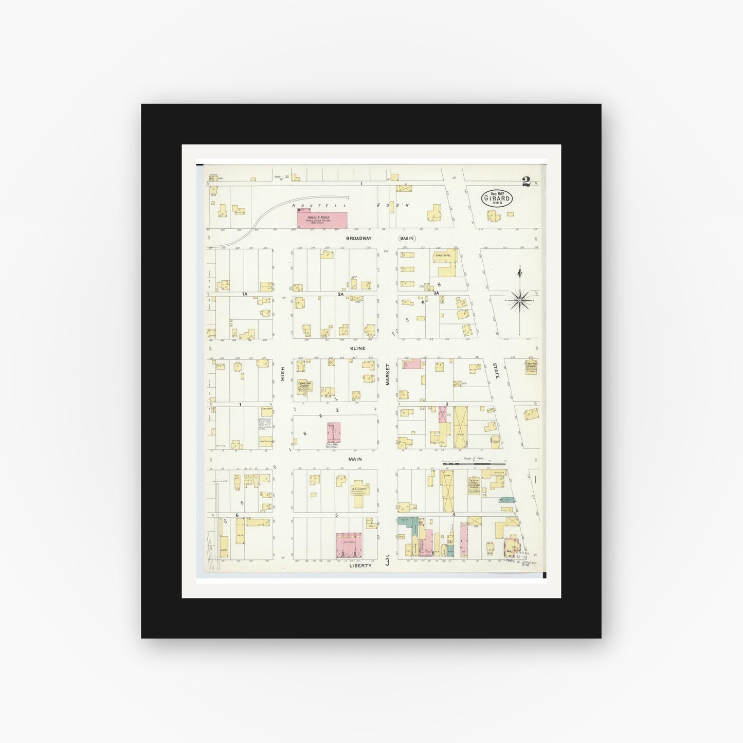 Old map wall art mockup — black gallery frame with white mat — Sanborn Fire Insurance Map from Girard, Trumbull County, Ohio (1907), Sheet #0002