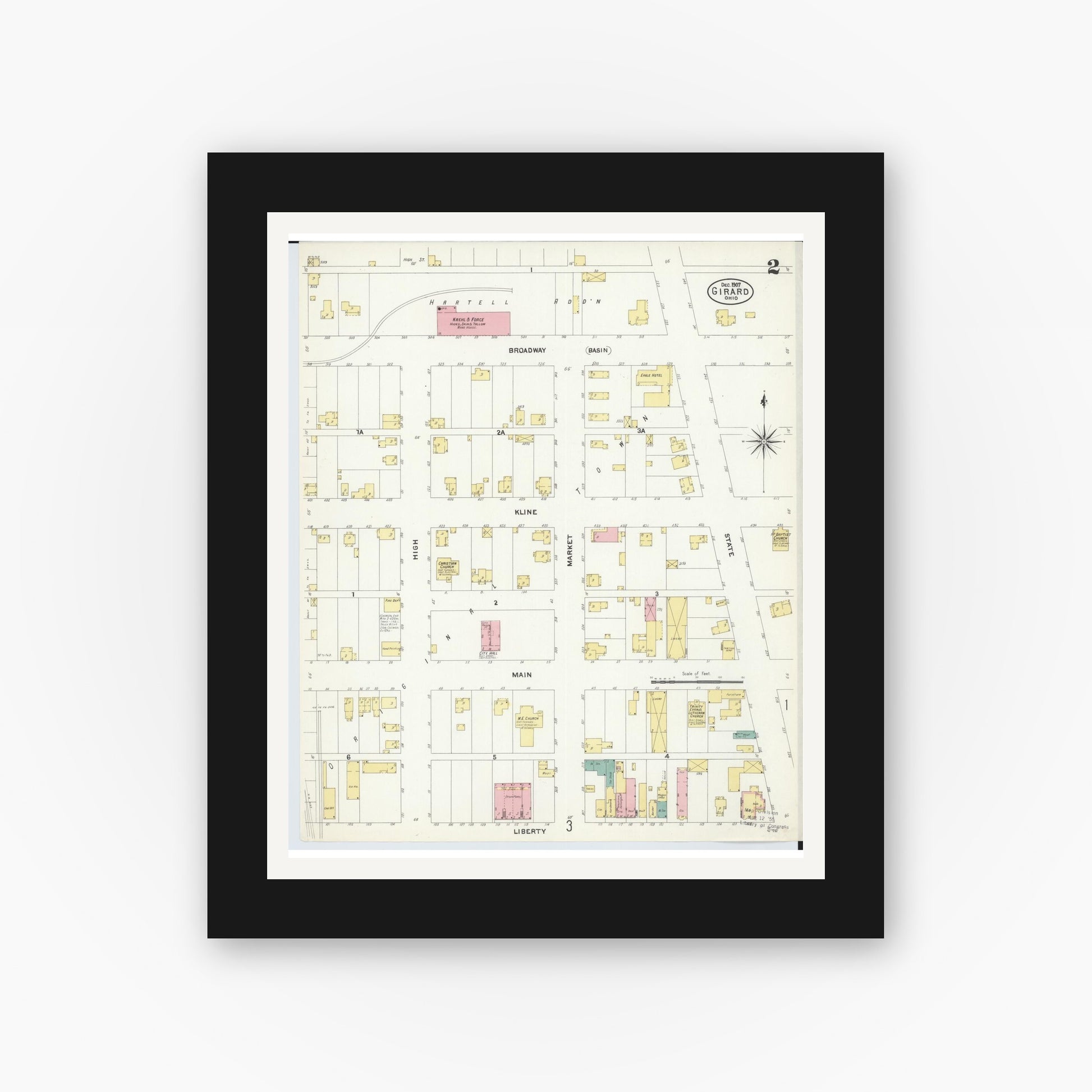 Old map wall art mockup — black gallery frame with white mat — Sanborn Fire Insurance Map from Girard, Trumbull County, Ohio (1907), Sheet #0002