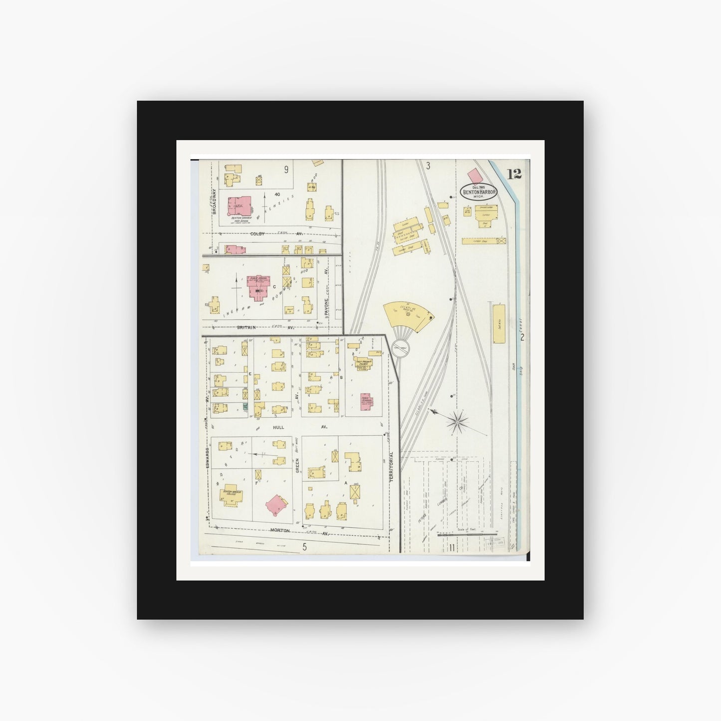 Old map wall art mockup — black gallery frame with white mat — Sanborn Fire Insurance Map from Benton Harbor, Berrien County, Michigan (1905), Sheet #0012