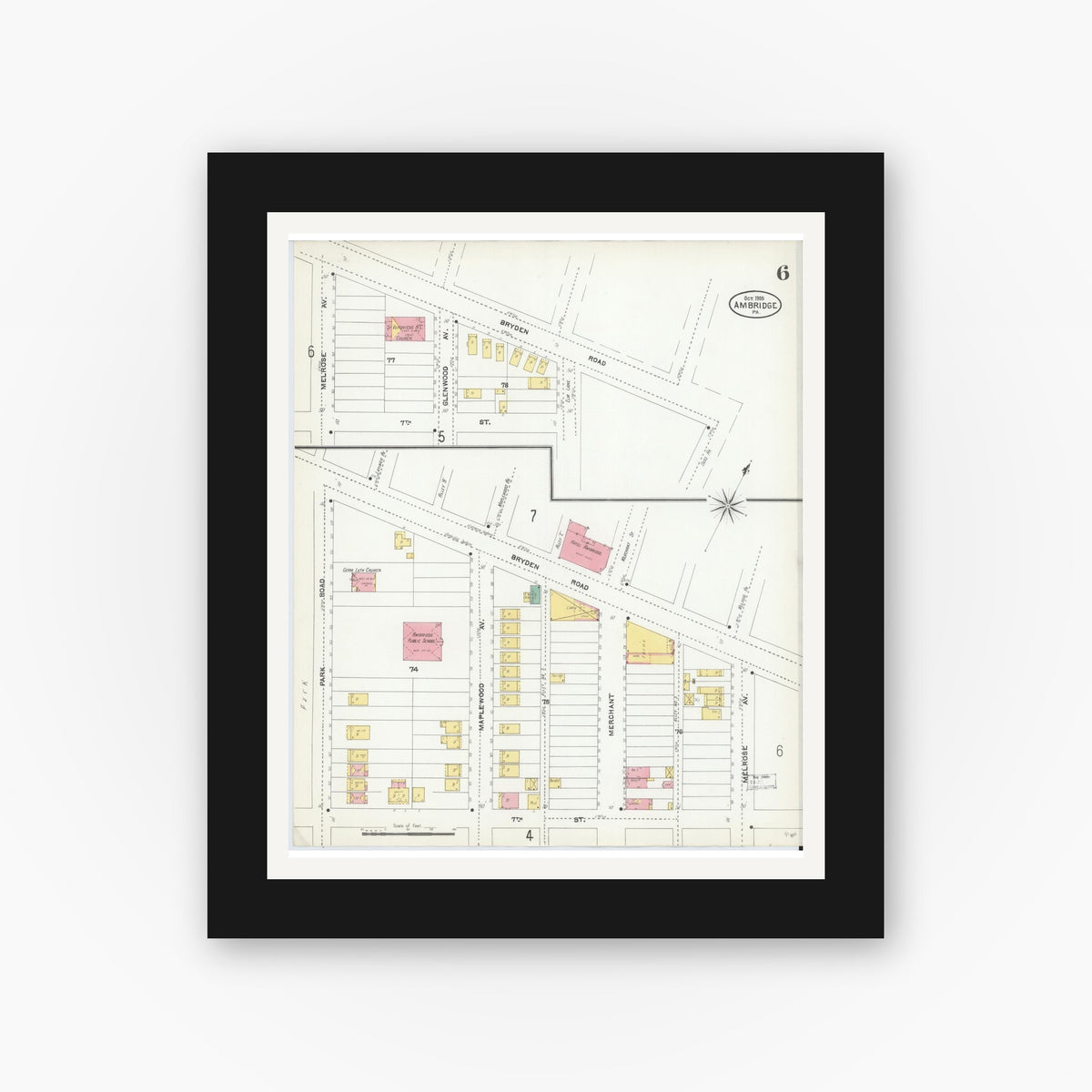 Old map wall art mockup — black gallery frame with white mat — Sanborn Fire Insurance Map from Ambridge, Beaver County, Pennsylvania (1905), Sheet #0006