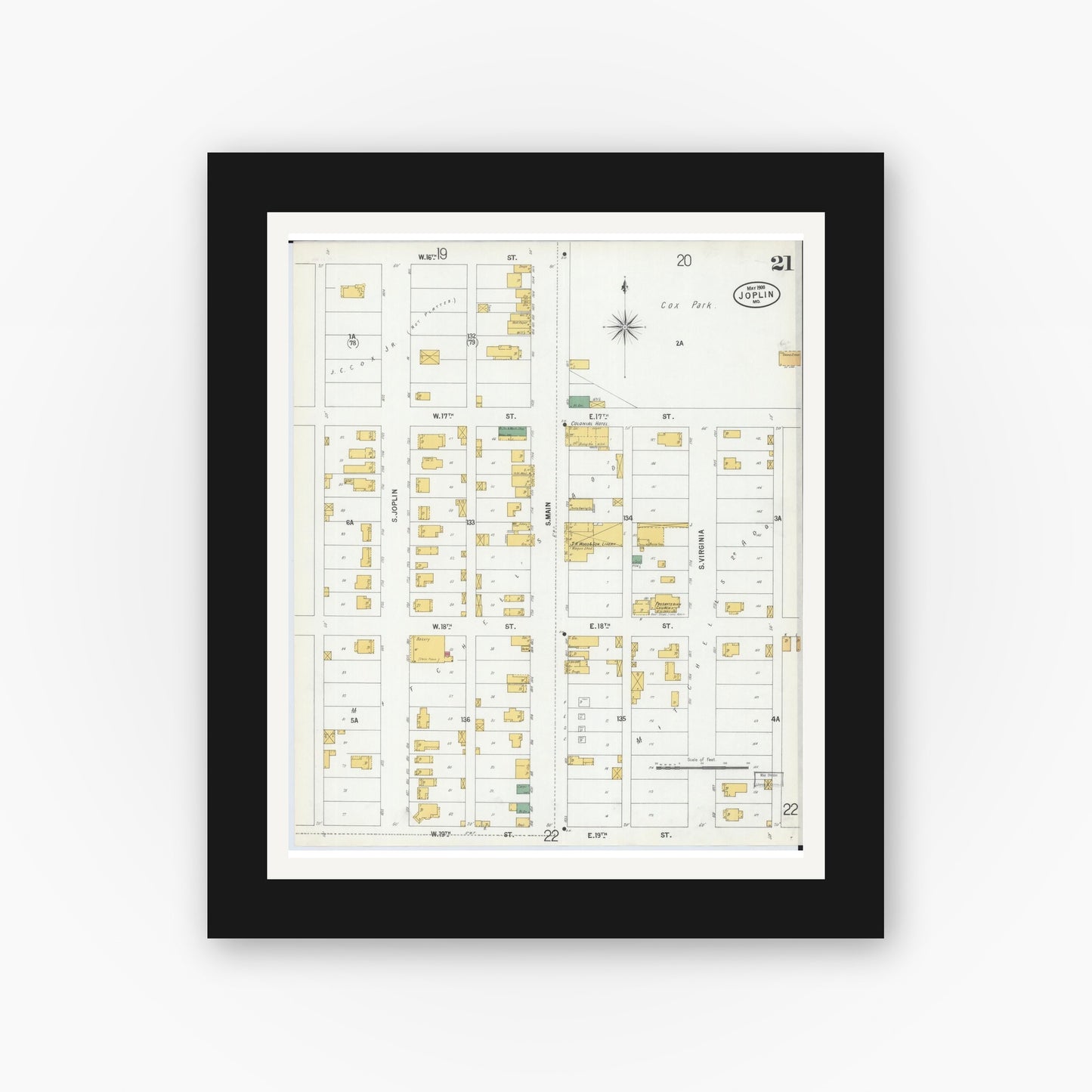 Old map wall art mockup — black gallery frame with white mat — Sanborn Fire Insurance Map from Joplin, Jasper County, Missouri (1900), Sheet #0021