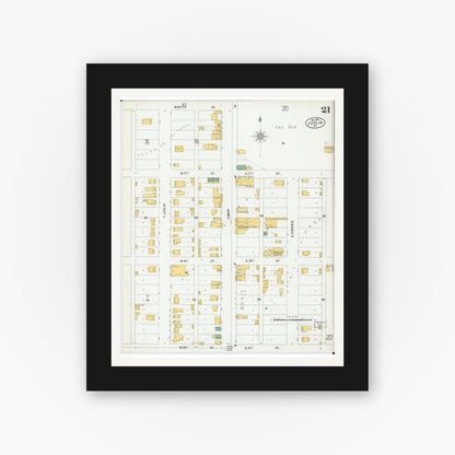 Old map wall art mockup — black gallery frame with white mat — Sanborn Fire Insurance Map from Joplin, Jasper County, Missouri (1900), Sheet #0021
