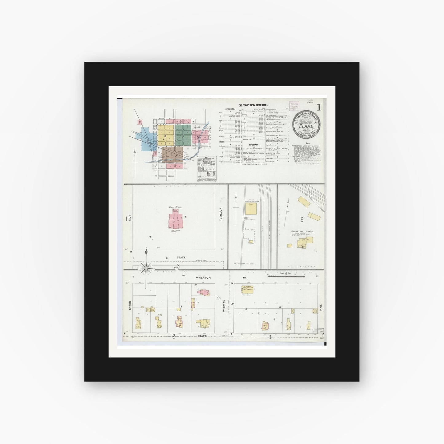 Old map wall art mockup — black gallery frame with white mat — Sanborn Fire Insurance Map from Clare, Clare County, Michigan (1906), Sheet #0001
