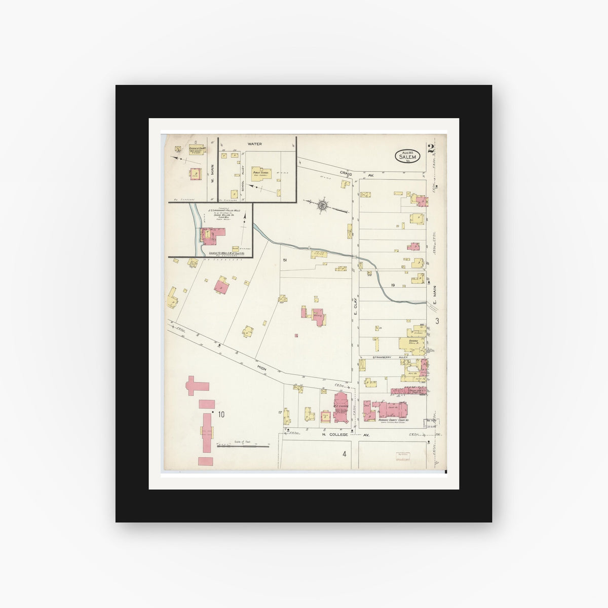 Old map wall art mockup — black gallery frame with white mat — Sanborn Fire Insurance Map from Salem, Independent Cities, Virginia (1913), Sheet #0002