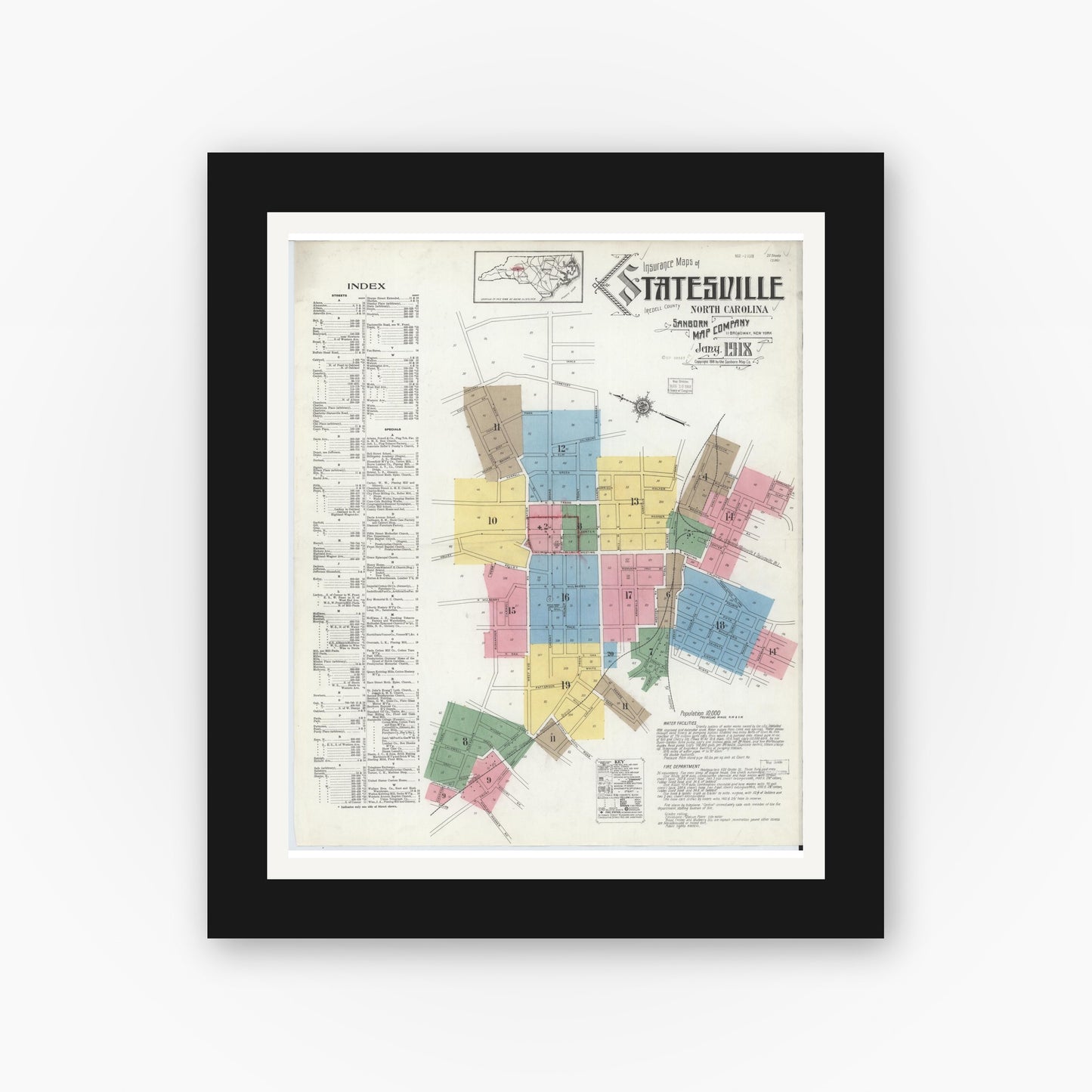 Old map wall art mockup — black gallery frame with white mat — Sanborn Fire Insurance Map from Statesville, Iredell County, North Carolina (1918), Sheet #0001