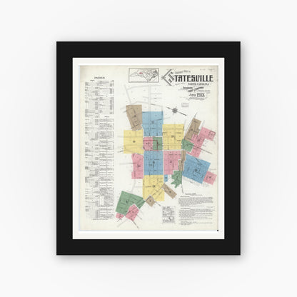Old map wall art mockup — black gallery frame with white mat — Sanborn Fire Insurance Map from Statesville, Iredell County, North Carolina (1918), Sheet #0001