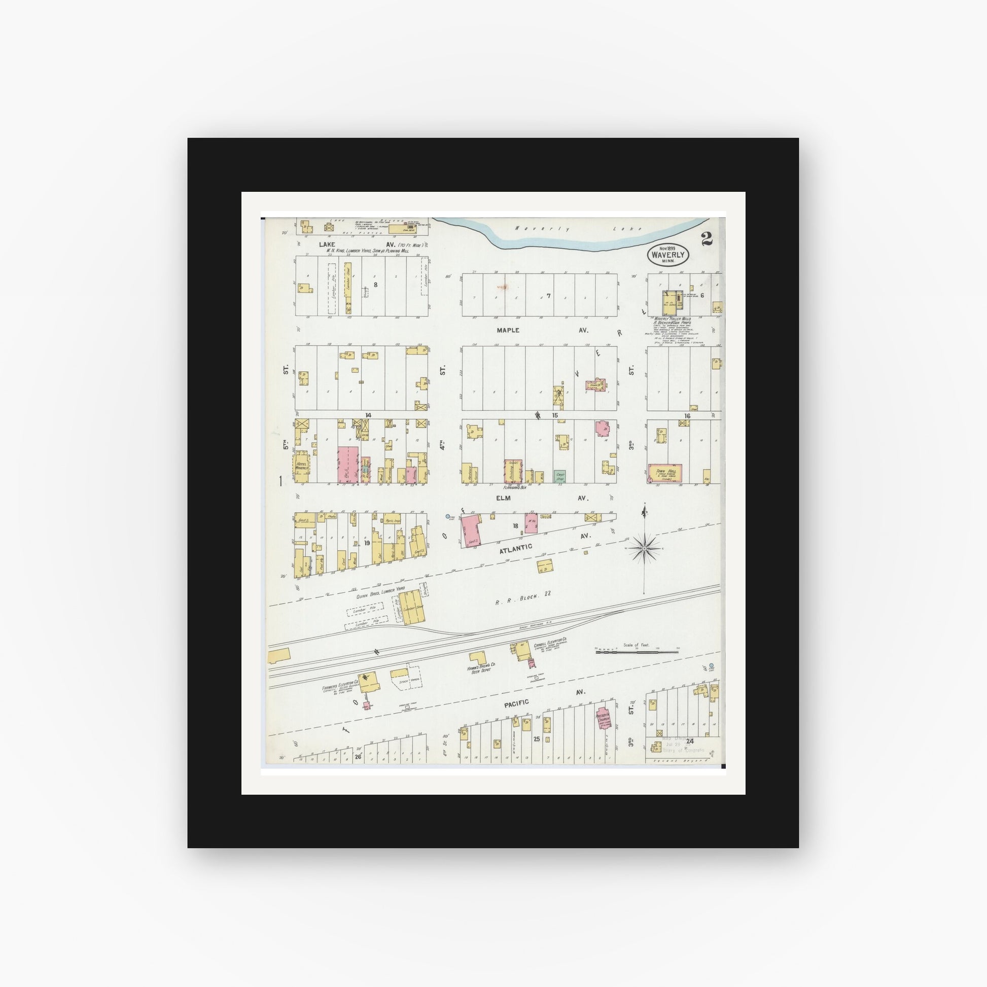 Old map wall art mockup — black gallery frame with white mat — Sanborn Fire Insurance Map from Waverly, Wright County, Minnesota (1899), Sheet #0002