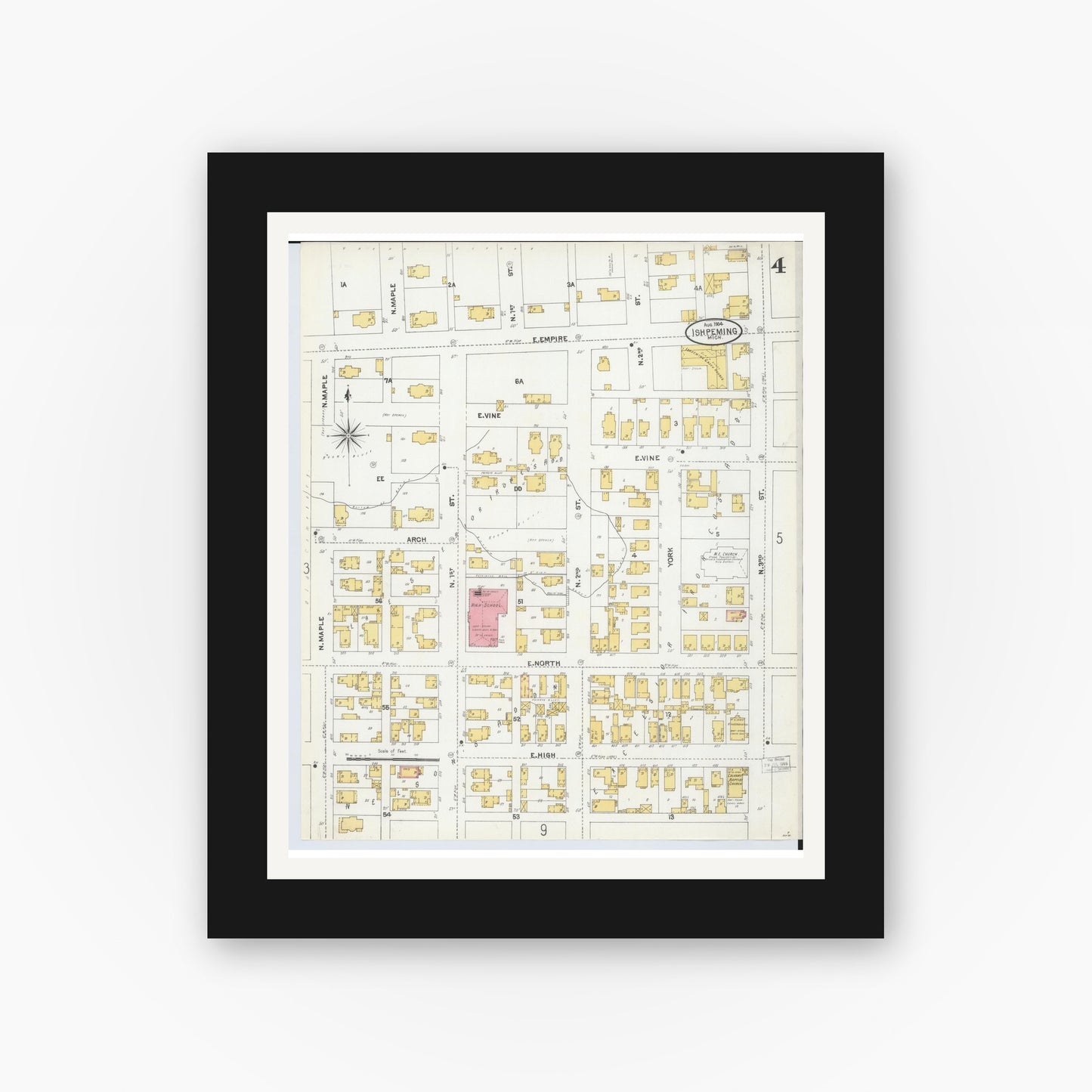 Old map wall art mockup — black gallery frame with white mat — Sanborn Fire Insurance Map from Ishpeming, Marquette County, Michigan (1904), Sheet #0004