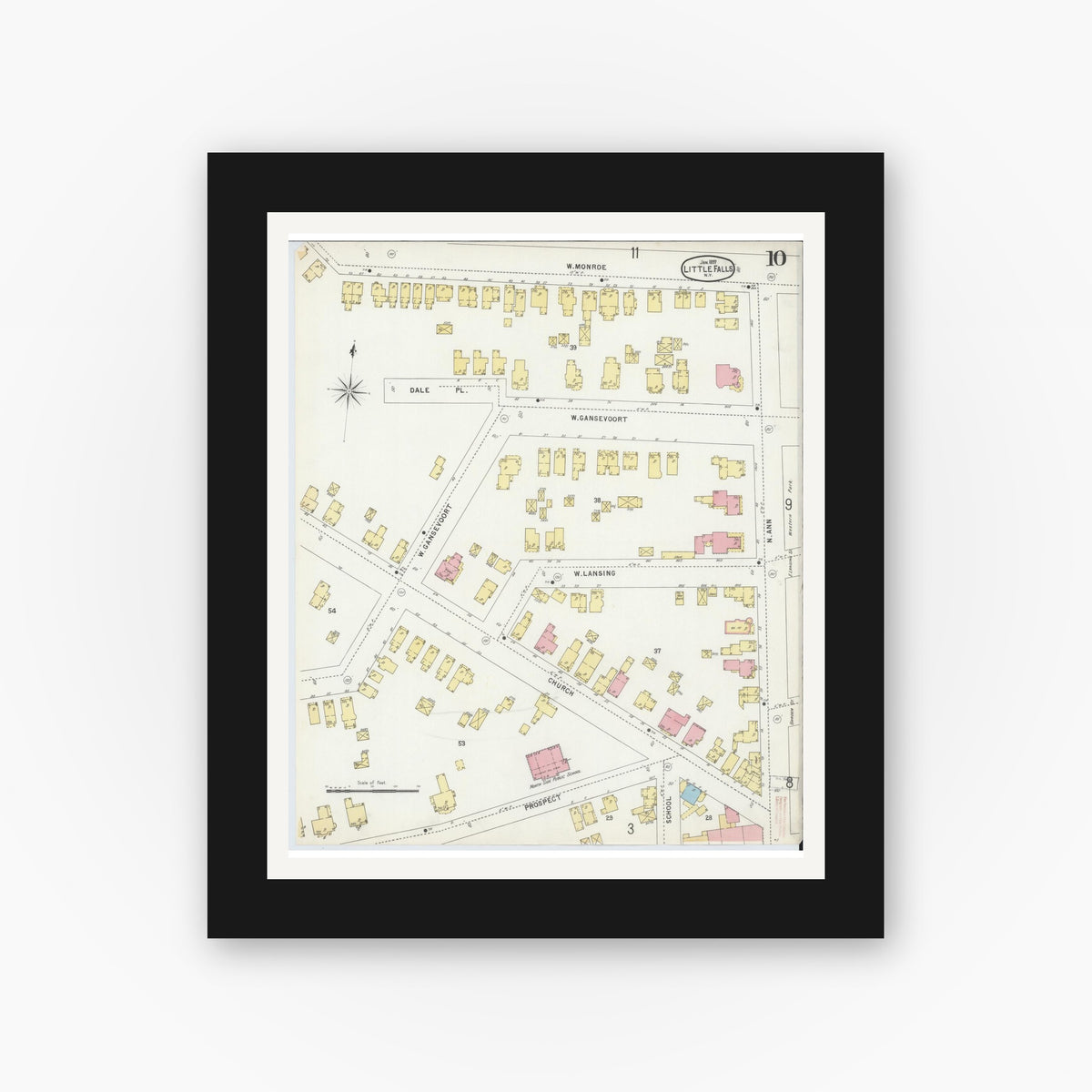 Old map wall art mockup — black gallery frame with white mat — Sanborn Fire Insurance Map from Little Falls, Herkimer County, New York (1897), Sheet #0010
