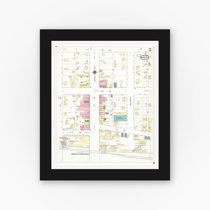 Old map wall art mockup — black gallery frame with white mat — Sanborn Fire Insurance Map from Hartley, O'Brien County, Iowa (1909), Sheet #0002