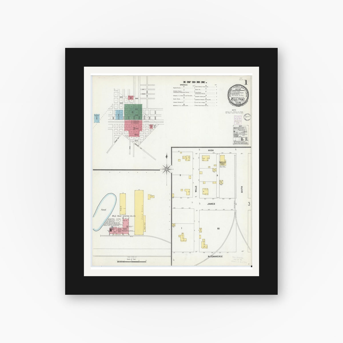 Old map wall art mockup — black gallery frame with white mat — Sanborn Fire Insurance Map from Wills Point, Van Zandt County, Texas (1901) - Complete Map Set