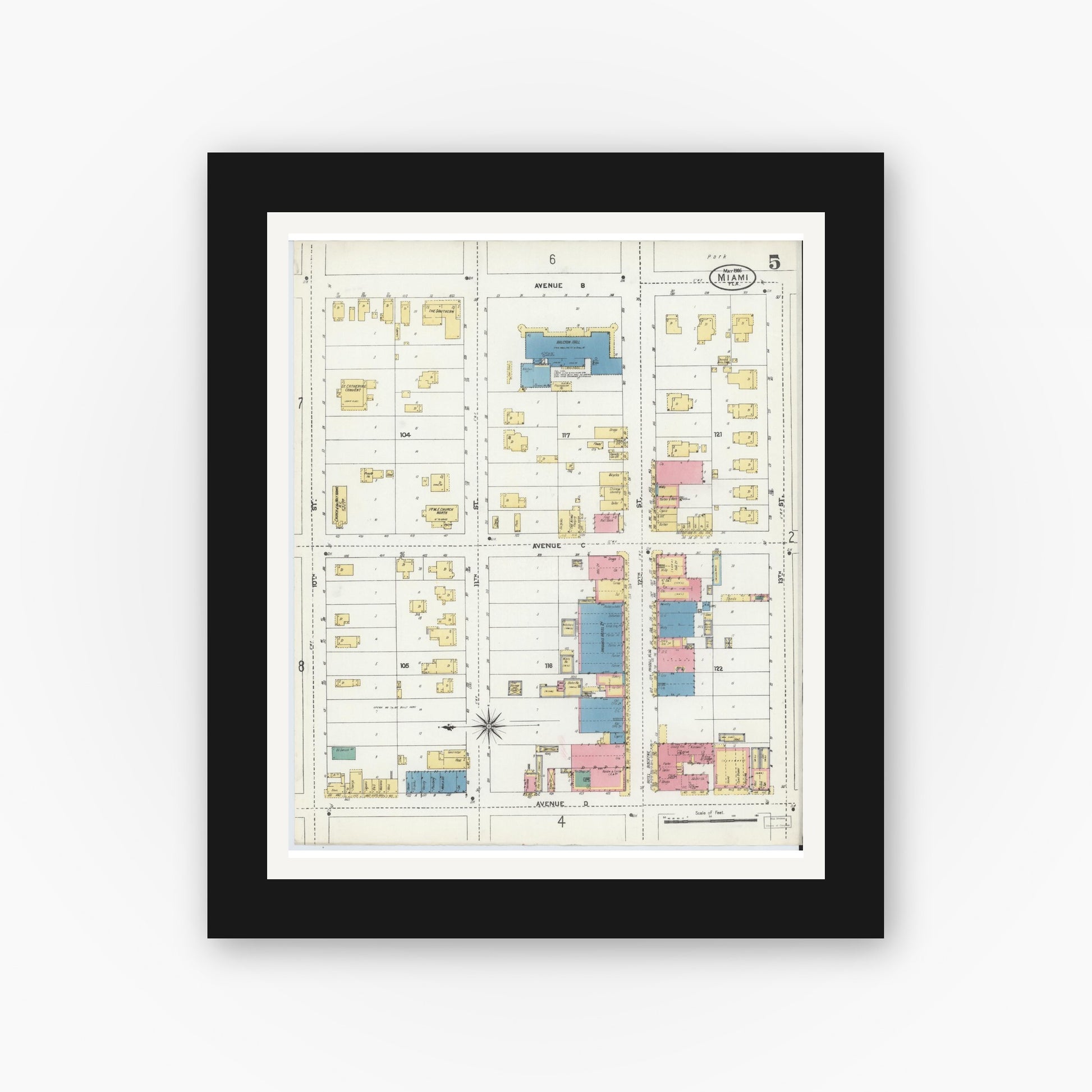 Old map wall art mockup — black gallery frame with white mat — Sanborn Fire Insurance Map from Miami, Dade County, Florida (1906), Sheet #0005