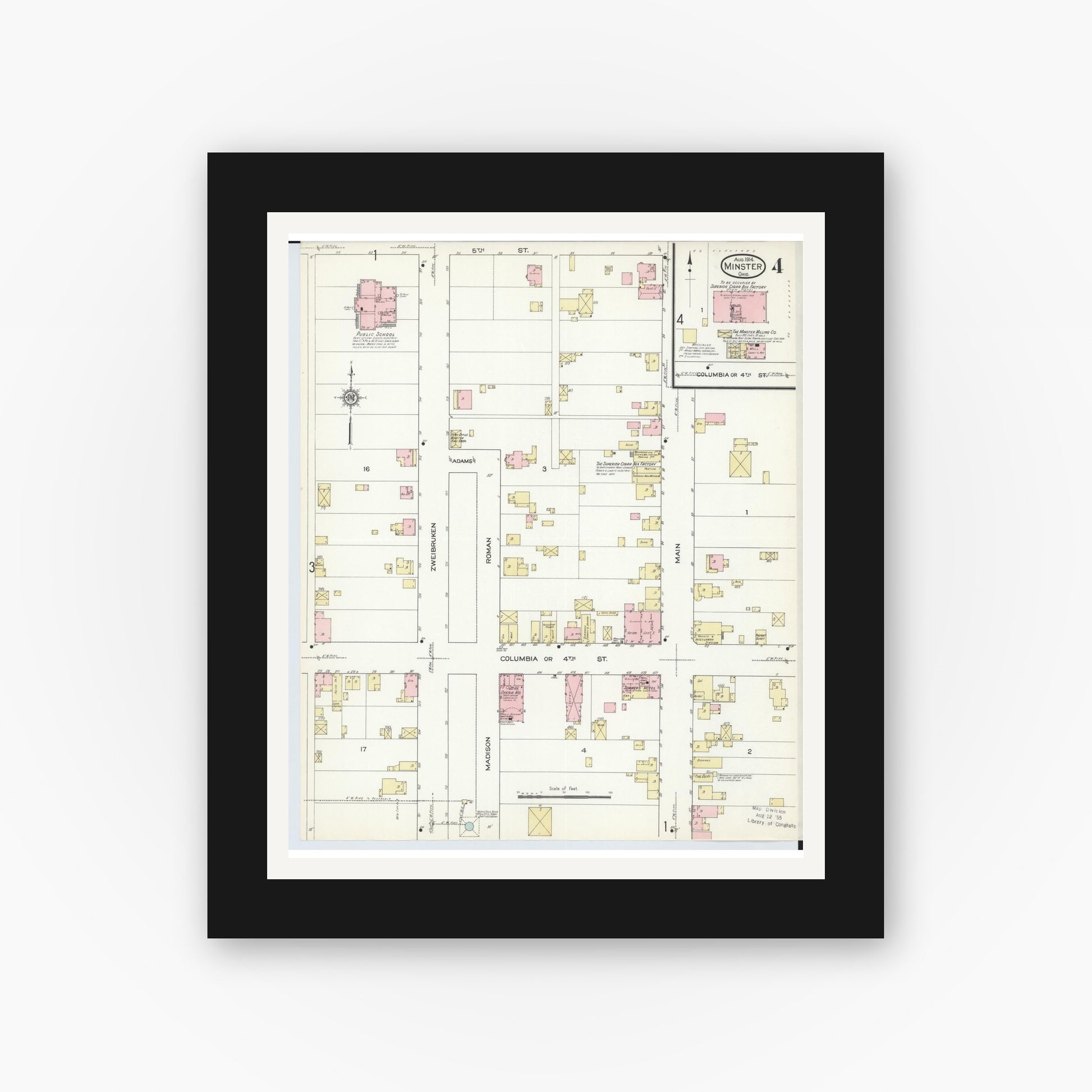 Old map wall art mockup — black gallery frame with white mat — Sanborn Fire Insurance Map from Minster, Auglaize County, Ohio (1914), Sheet #0004